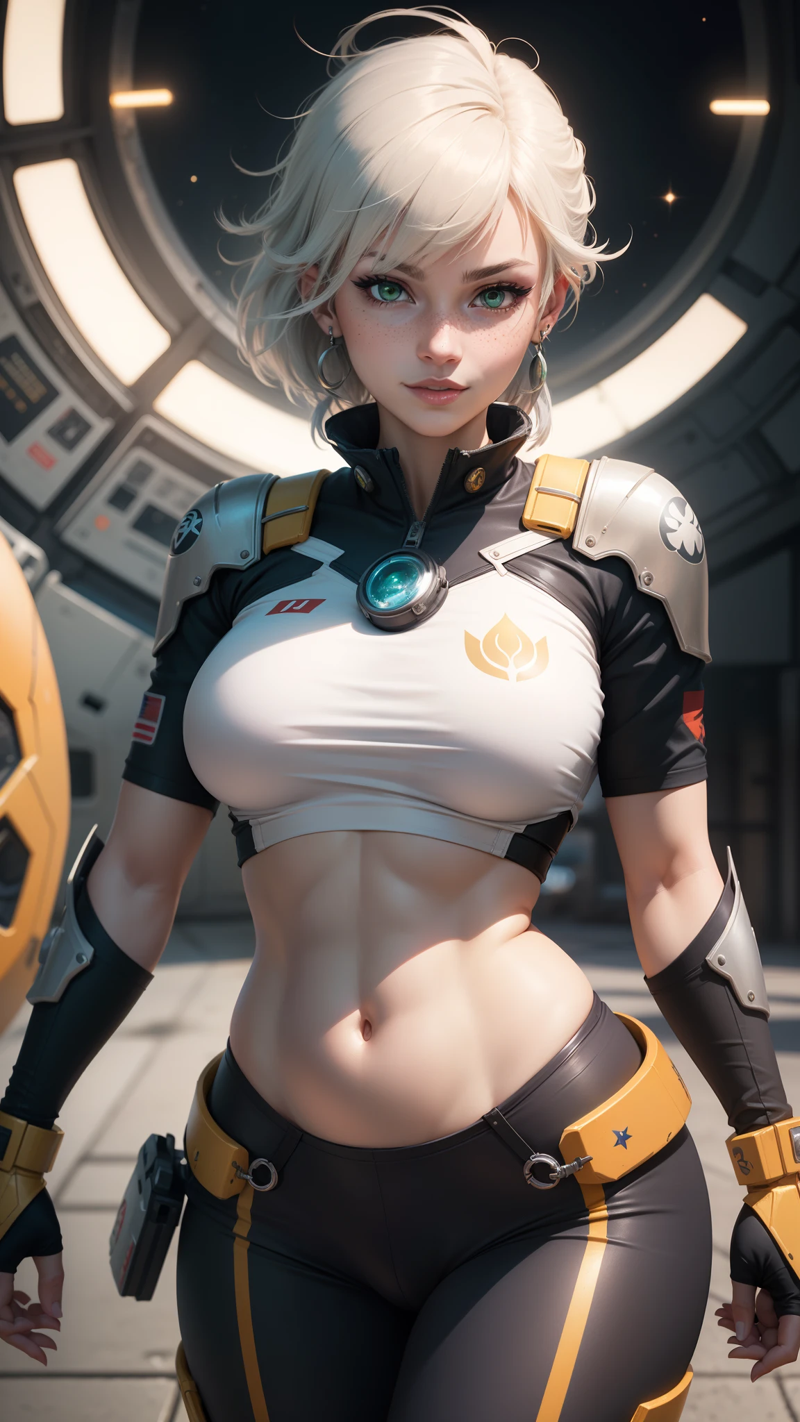 gwen tennyson,ryuuko matoi,y'shtola rhul,tracer,atelier ryza,overwatch,close up,mecha pilot,space port,tattoos,orange and silver plugsuit,white short sleeve lycra top,steel cargo pants,uncovered belly,short hair,cute makeup,green eyes,dimensional golden hair,shy smile,freckles,beautiful girl,large breasts,8k,ultra detailed,realistic,fantasy art,saiyan armor,cyborg armor,steel armor,space ship,military uniform,ear piercings,hair pin,super saiyan girl,saiyan female,pilot jacket,