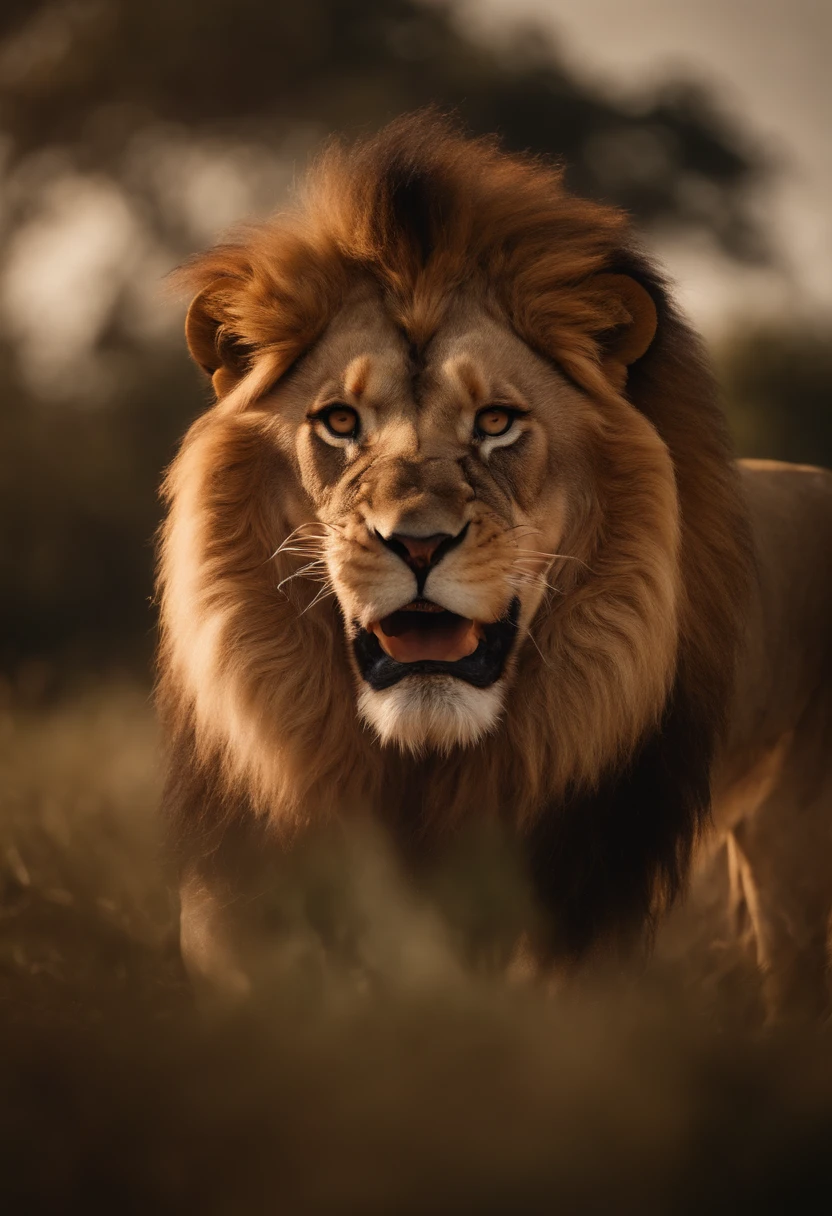 Full-body ferocious lion roaring in a clearing wearing a king's crown