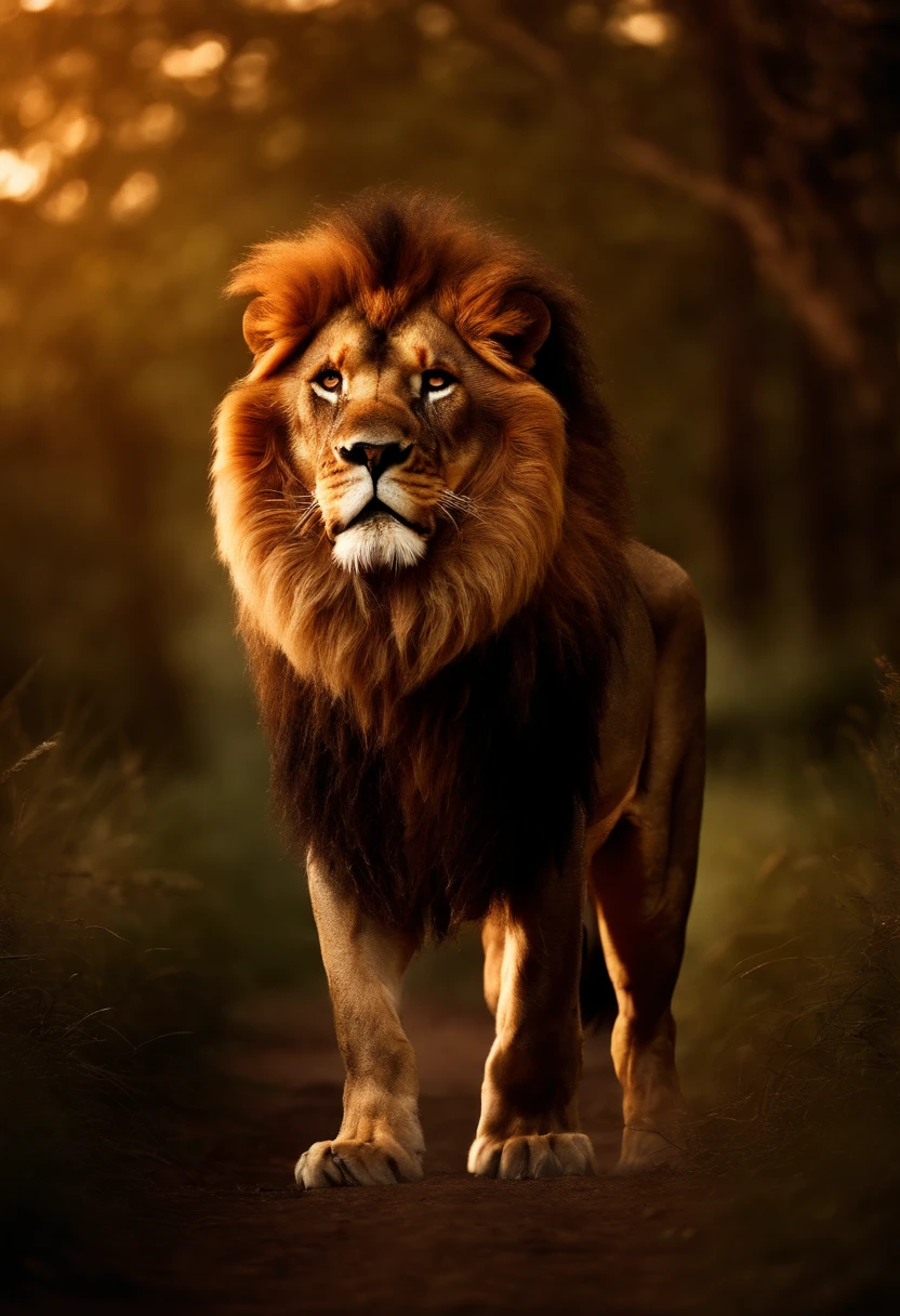 Full-body ferocious lion roaring in a clearing wearing a king's crown