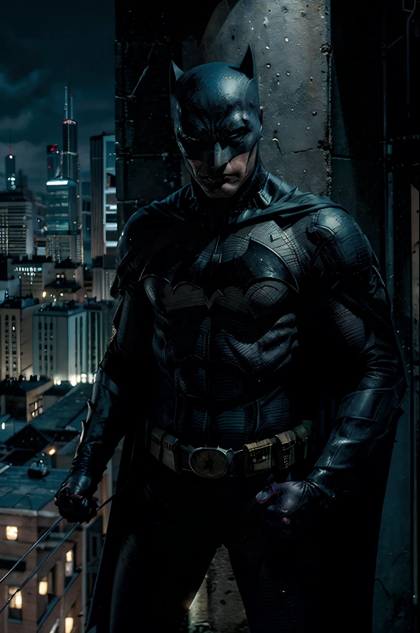 (best quality,highres,masterpiece:1.2),dark and mysterious,comic book style,gothic architecture,bat symbol, intense shadows,moonlit sky,brooding atmosphere,long caped crusader,sharp-edged,grim expression,dark alley,urban vigilante,city skyline,streets of Gotham,masked hero,aurora borealis lighting,dynamic action,heroic pose,detailed illustration,hauntingly beautiful,batmobile racing,cape billowing in the wind,bat signal piercing the darkness,fearless protector,ominous presence,evocative and cinematic,dense smoke,nighttime crime fighting,iconic cowl,vengeful justice,menacing silhouette,intense glare,colorful city lights,leaping from rooftop to rooftop,powerful and agile,nightmarish nightmares,caped crusader emerging from the shadows,city in perpetual darkness,moonlight casting eerie glow,gritty and atmospheric,ominous and brooding presence,city engulfed in shadows.