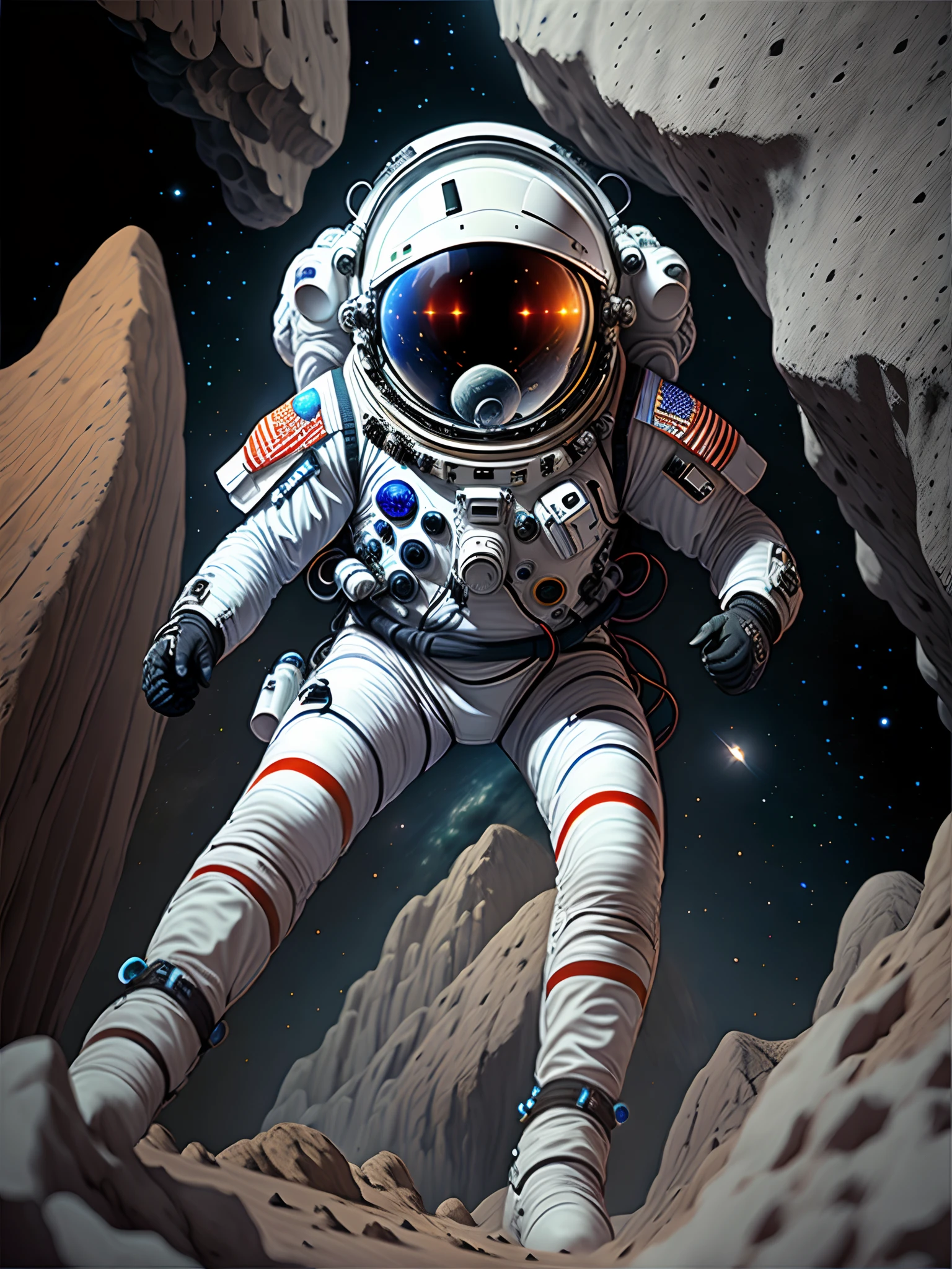 (Close-up of astronaut climbing a cave in a spacesuit), fully space suited, astronaut lost in liminal space, dusty space suit, Astronaut, astronaut in space, ("Lunar space" Theme）, detailed astronaut, astronaut in space, Spacesuit, Redshift resonance, （Astronauts climbing cliffs in space）, astronaut below, space backround, wear spacesuits, Astronaut Cyberpunk Electric, space