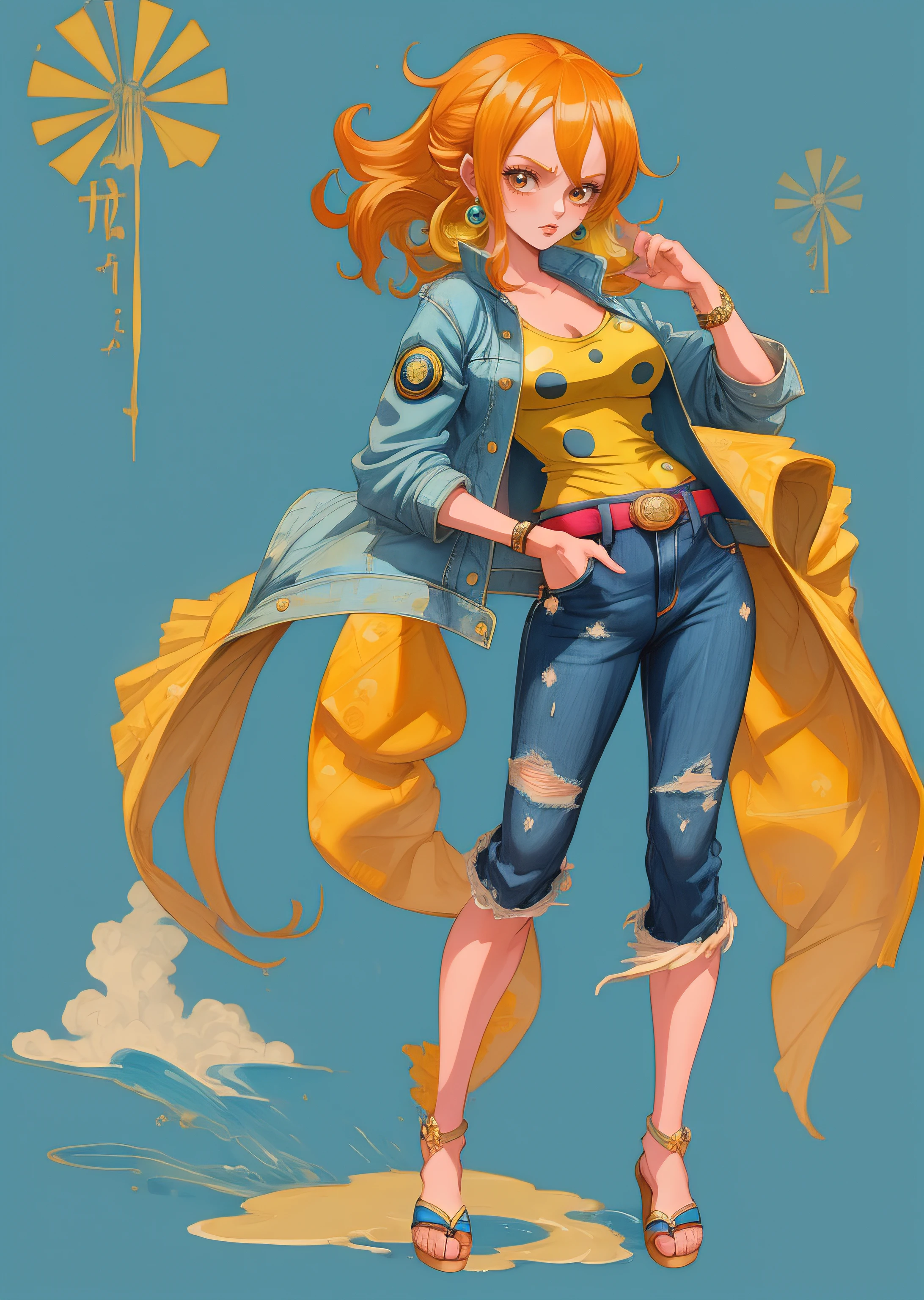 1girl, solo, (masterpiece), best quality, ultra-detailed, Nami from One Piece, Retro style, full body. fashion cloth, jean jacket, fancy.
