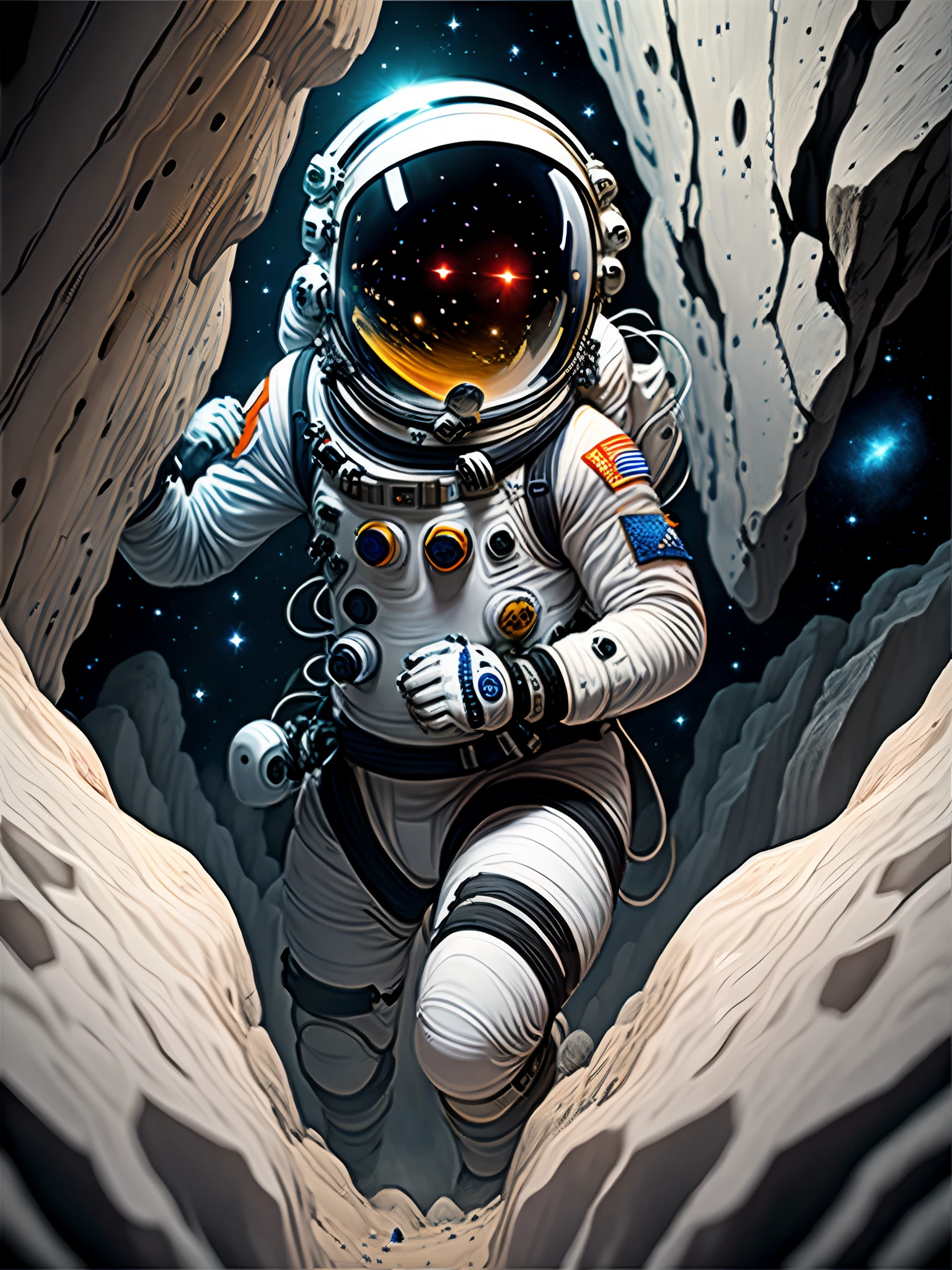 (Close-up of astronaut climbing a cave in a spacesuit), fully space suited, astronaut lost in liminal space, dusty space suit, Astronaut, astronaut in space, ("Lunar space" Theme）, detailed astronaut, astronaut in space, Spacesuit, Redshift resonance, （Astronauts climbing cliffs in space）, astronaut below, space backround, wear spacesuits, Astronaut Cyberpunk Electric, space