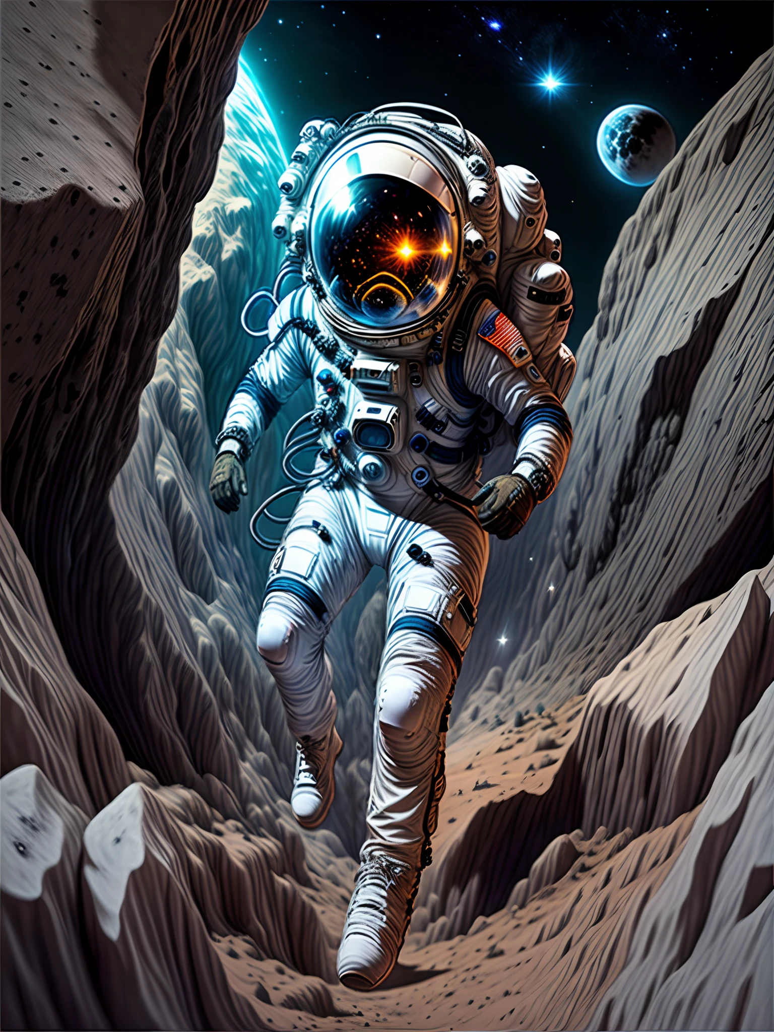(Close-up of astronaut climbing a cave in a spacesuit), fully space suited, astronaut lost in liminal space, dusty space suit, Astronaut, astronaut in space, ("Lunar space" Theme), detailed astronaut, astronaut in space, Spacesuit, Redshift resonance, (Astronauts climbing cliffs in space), astronaut below, space backround, wear spacesuits, Astronaut Cyberpunk Electric, space