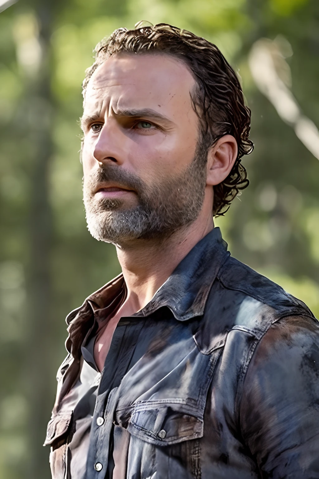 rickgrimes2024, 1 man, walking with zombies, best quality, photorealistic, short hair, buzz cut, grey beard.