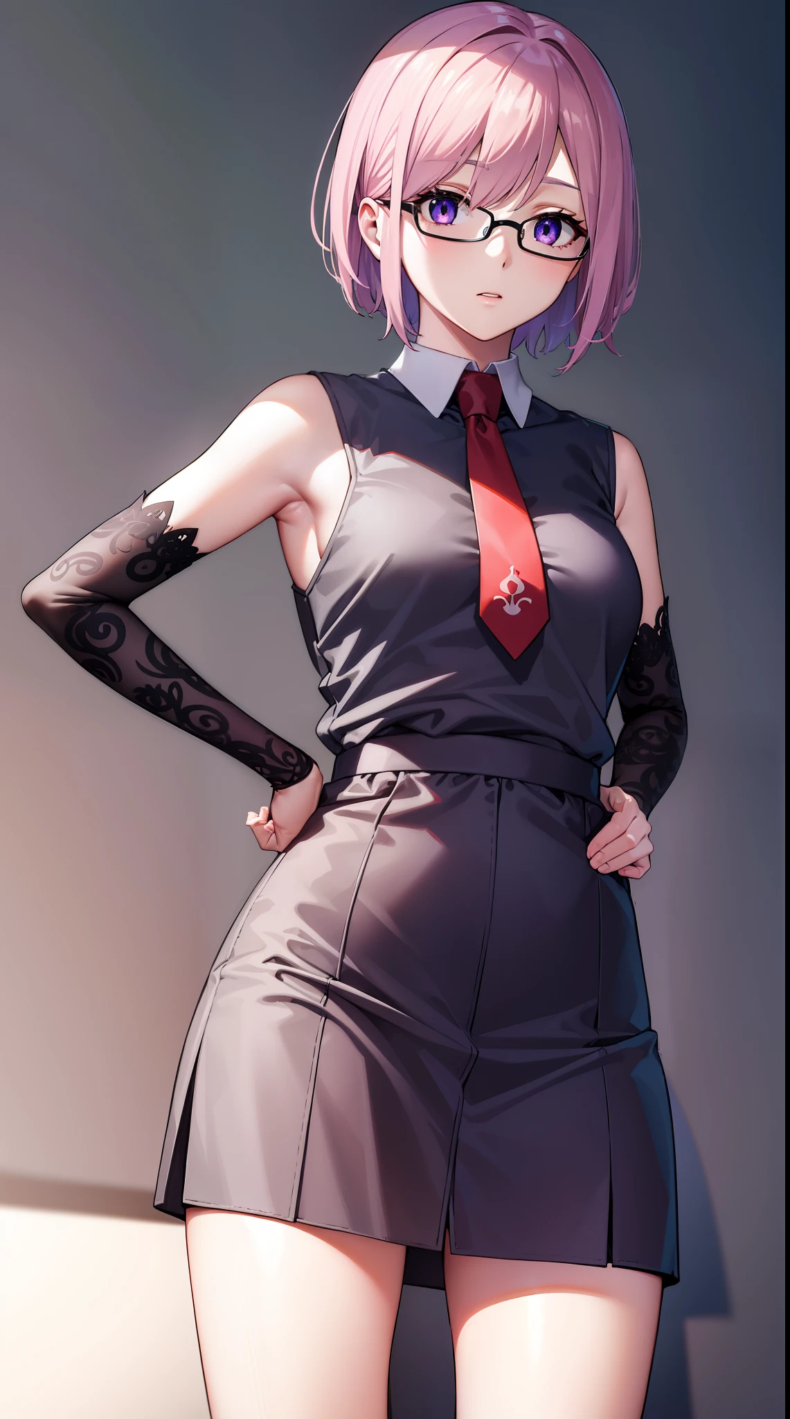 mashkyrielight, mash kyrielight, glasses, hair between eyes, hair over one eye, (purple eyes:1.1), pink hair, short hair,
BREAK hood, shirt, collared shirt, white collar, black shirt, necktie, red necktie, sleeveless, off shoulder,
BREAK looking at viewers, in a green field wit bright sky, full body veiw, girly pose,
BREAK (masterpiece:1.2), best quality, high resolution, unity 8k wallpaper, (illustration:0.8), (beautiful detailed eyes:1.6), extremely detailed face, perfect lighting, extremely detailed CG, (perfect hands, perfect anatomy),