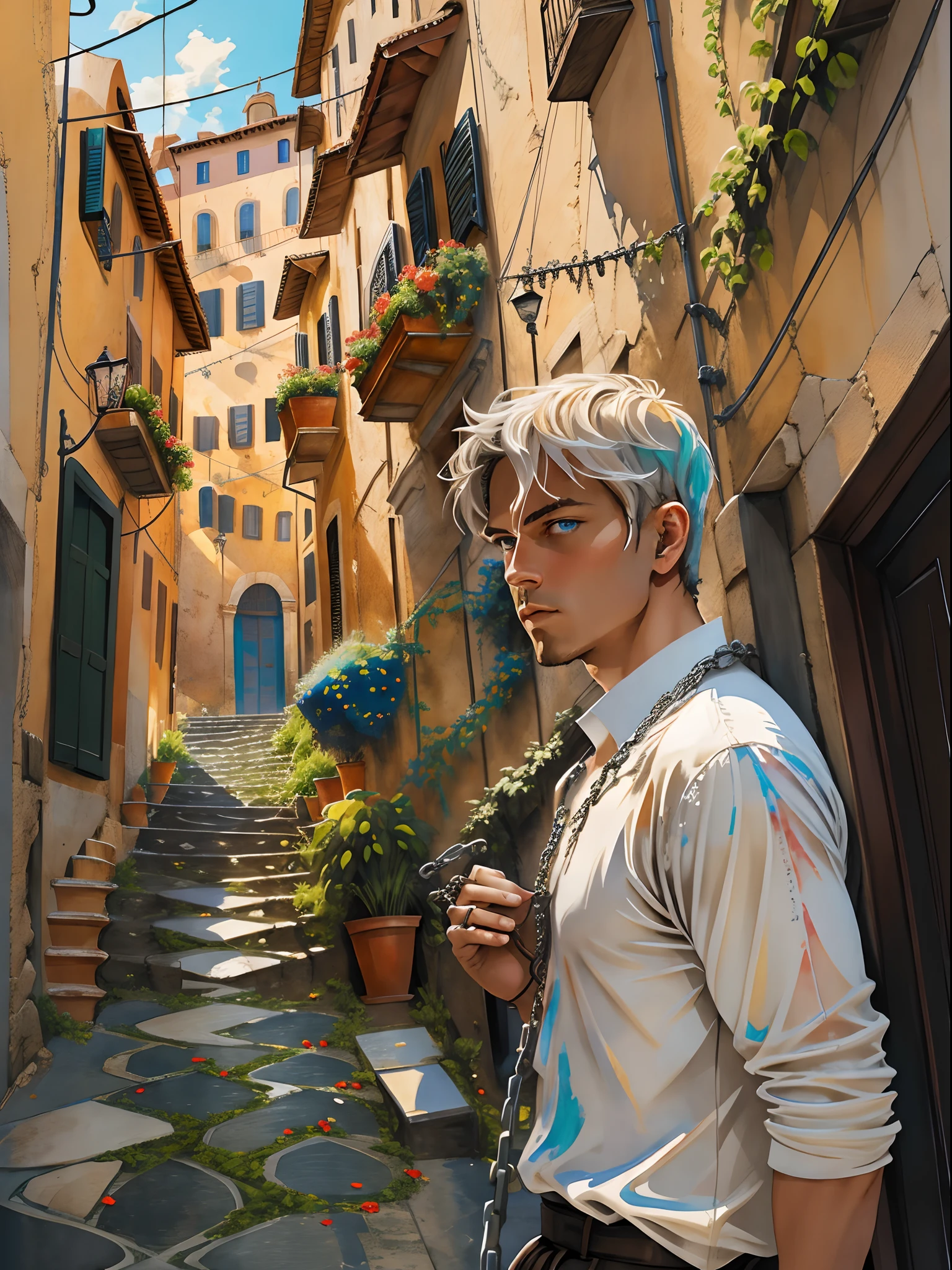 Rome, (realistic), watercolor, best quality, dynamic colors, swirls, architectural streets, a character portrait, blue eyes, vines, landscape, clear sky, black colors, chains connected to rings, digital painting, ultra high resolution,