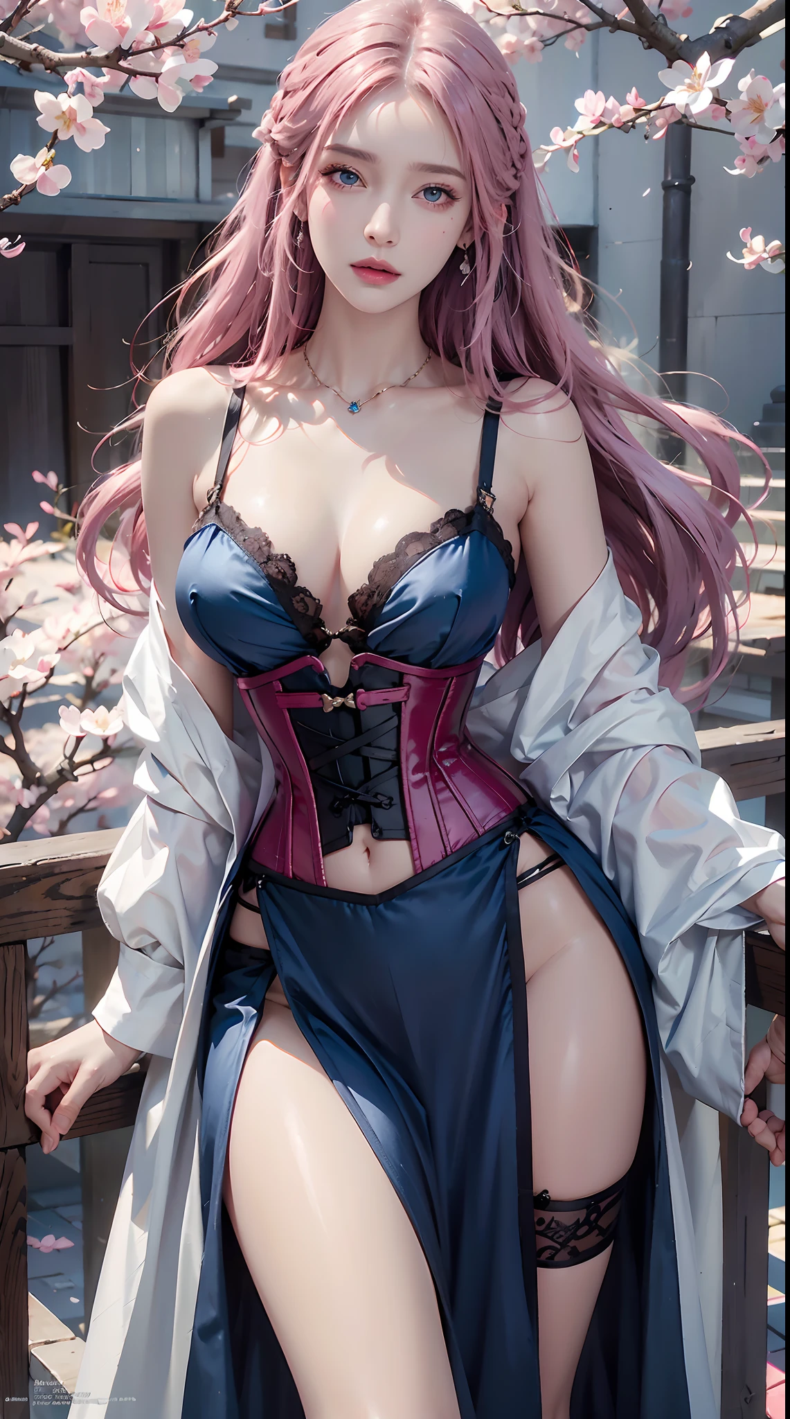 photorealistic, high resolution, 1women, shining skin, solo, tattoo, jewelry, pink lip, long hair, blue eye, closed mouth, hips up, corset dress, cherry blossoms