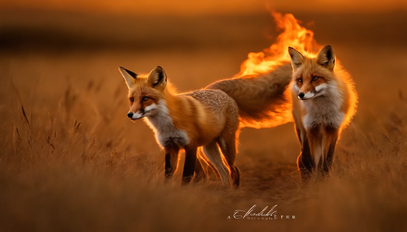 Uma fotografia super realista.Ask you to create a hyper-realistic photographic image that shows 300 foxes with their tails on fire, em um campo no periodo notrumo 300 raposas. He then tied the foxes in pairs by the tail and placed a torch in the middle of each pair. Acendendo as tochas, soltou as raposas nos campos de cereais dos filisteus, resulting in a fire that consumed both the already harvested bundles and the unharvested cereals, super detalhista e realista