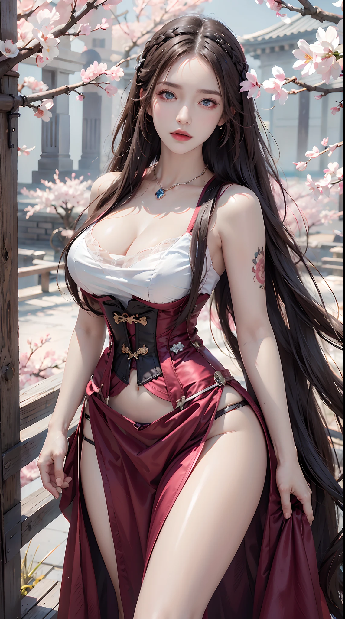 photorealistic, high resolution, 1women, shining skin, solo, tattoo, jewelry, pink lip, long hair, blue eye, closed mouth, hips up, corset dress, cherry blossoms