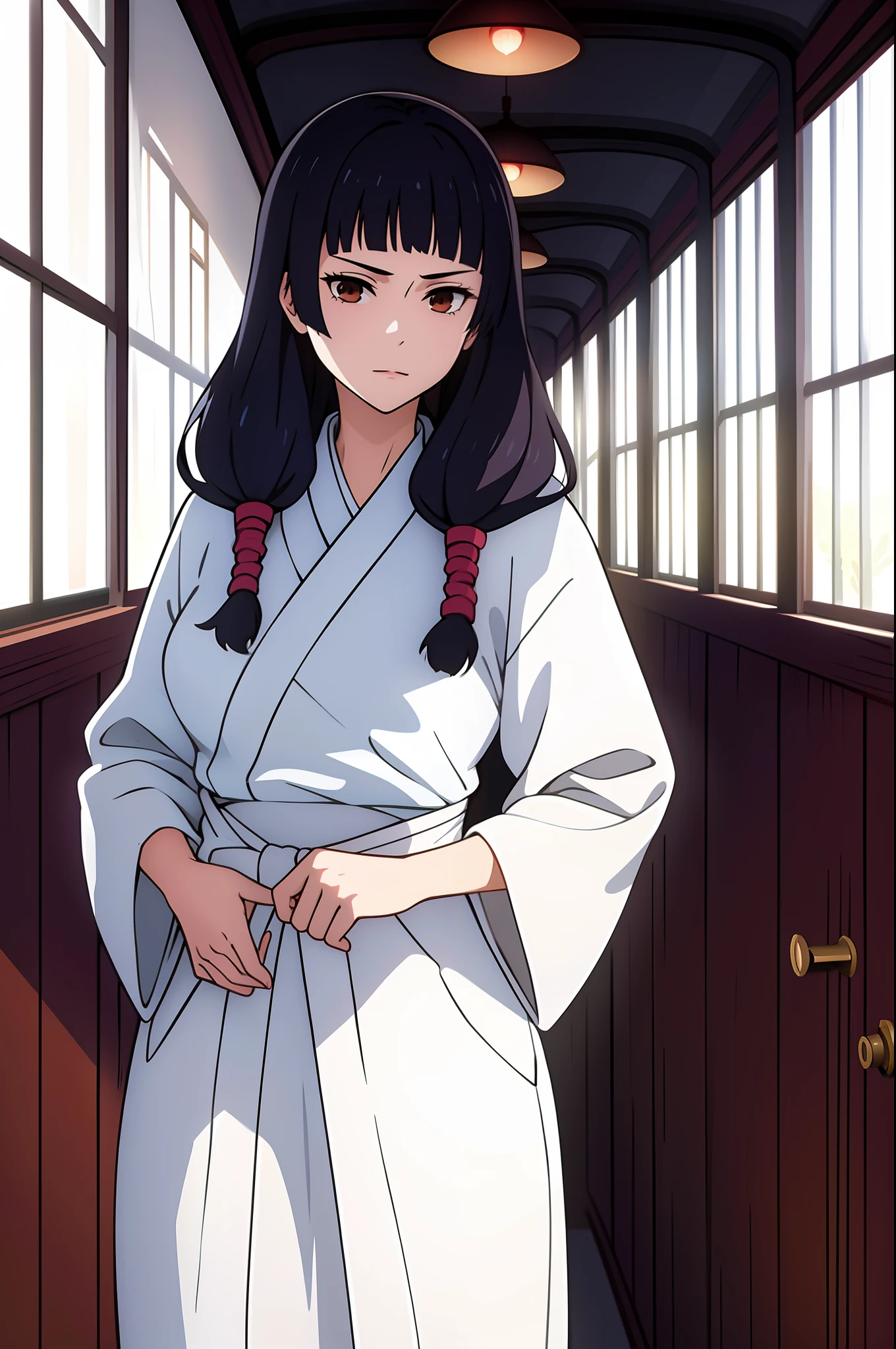 masterpiece, ((ultra detailed background, delicate pattern, intricate detail)), (highly detailed, fine details), best quality, beautiful lighting, ((medium breasts, slim girl)), Utahime, 1girl, solo, black hair, long hair, brown eyes, japanese clothes, twintails, miko, blunt bangs, red hakama, complex detailed background, inside, castle room environment, medieval castle, gray walls, window, bookshelf, (cowboy shot),