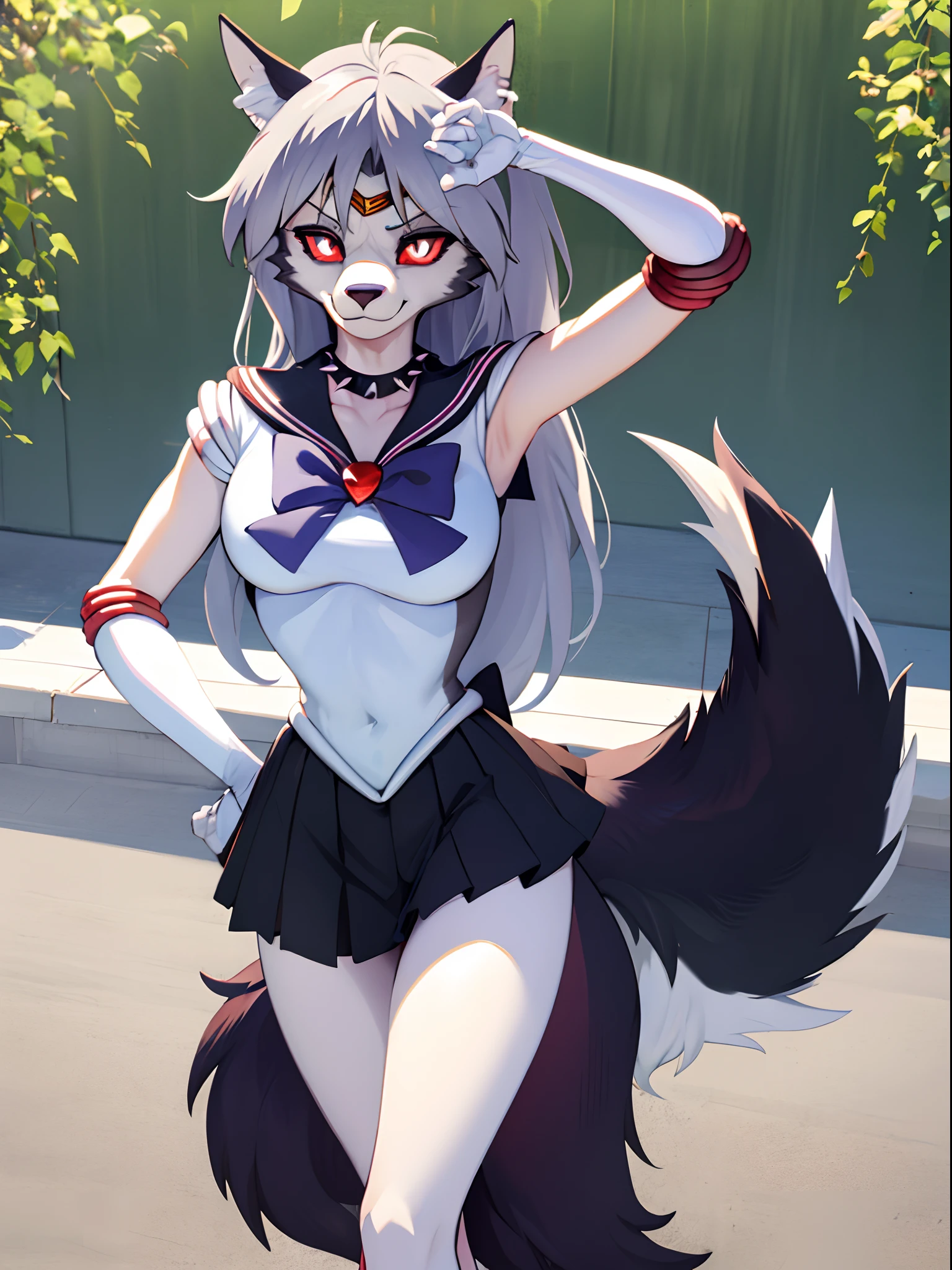 1girl, ((loona hellhound:1.2)) (furry:1.2), (fluffy:1.1), (anthro:1.2), (snout:1.2), smile, spiked collar, long hair, (loonasailorsenshiunifrom:1.1), (slit pupils:1.1, white eyes:1.1, red sclera), rooftop, plants, urban, masterpiece, best quality, highres, sv1, sailor senshi uniform, elbow gloves, tiara, black bow, black sailor collar, white gloves, jewelry, white leotard, black sailor skirt, sailor_moon pose