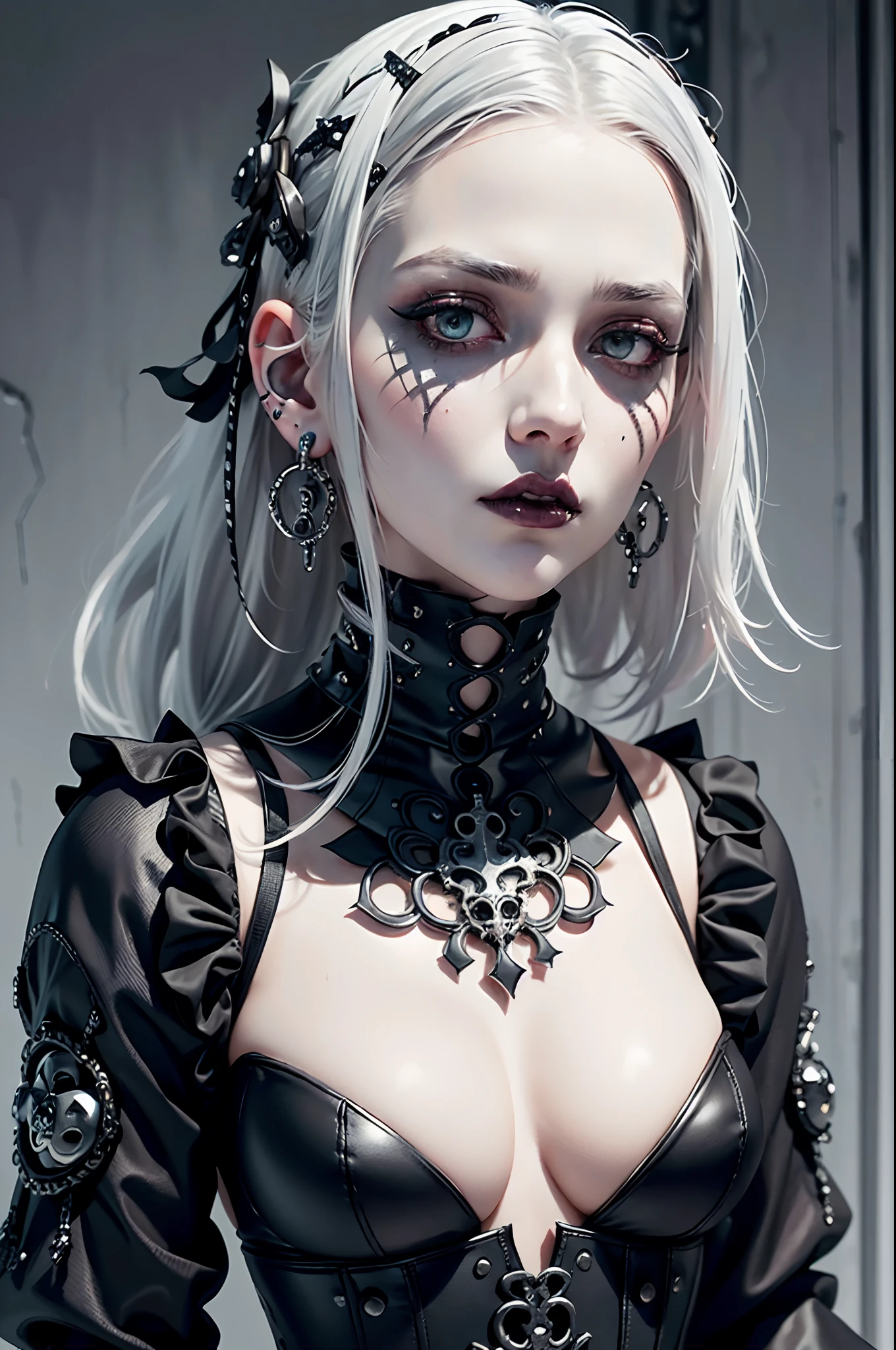 a close up of a woman with white hair and piercings, anime skull portrait woman, gothic art style, gothic aesthetic, gothic art, gothic girl face, gothic horror vibes, girl with white hair, dark art style, goth girl aesthetic, beautiful necromancer girl, cyborg - girl with silver hair, stunning anime face portrait, goth aesthetic, gothic girl