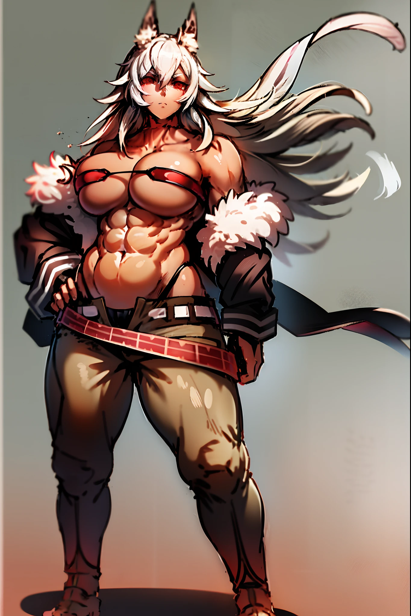 ghislaine dedoldia, animal ears, choker, fur trim, large breasts, abs, muscular woman, white hair, standing, sword holding, fulll body, boots smily , pants, flipflops,standing,warrior