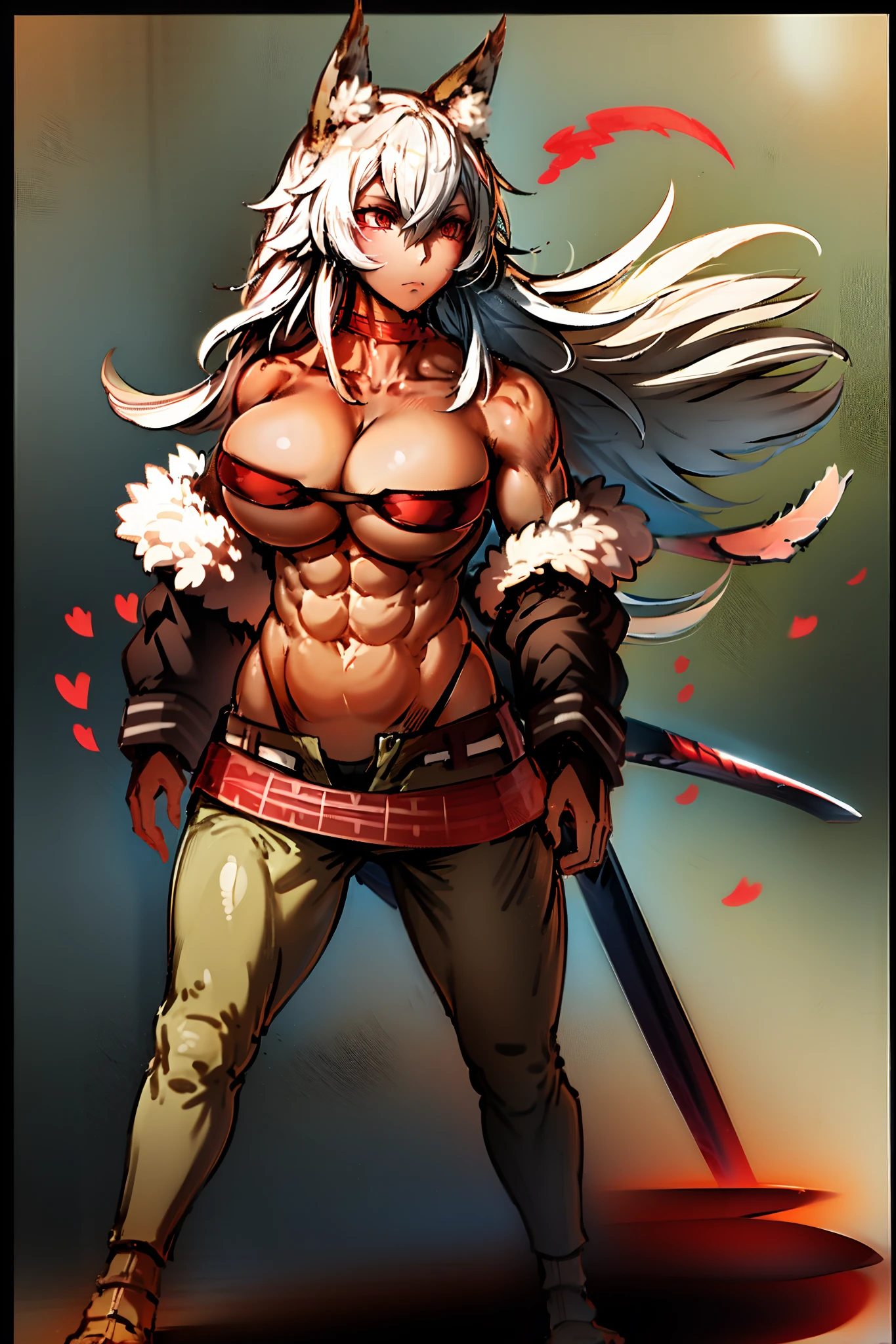 ghislaine dedoldia, animal ears, choker, fur trim, large breasts, abs, muscular woman, white hair, standing, sword holding, fulll body, boots smily , pants, flipflops,standing,warrior
