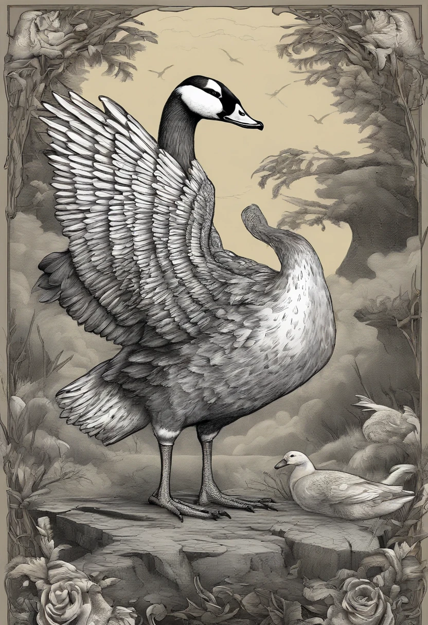 A seven-headed goose, in the mythical medieval era, is a striking and fearsome sight. Each of her seven heads is majestically feathered, in shades of white, silver, and gold, reflecting the wisdom and majesty of this mythical creature. Her wings, which extend incredibly wide, appear to be made of dragon scales and phoenix feathers, shimmering in the sunlight.
With her gleaming and penetrating eyes, the seven-headed mother goose maintains an imposing posture as she defends her nest. She stands on her strong, scaly legs, guarding her precious territory. Her beak is as sharp as a Valyrian steel sword, ready to protect her offspring.
The invaders, clad in medieval armor, quickly find themselves facing the goose's wrath. She lets out a deafening cry, echoing across the fields and mountains, instilling panic among the invaders. Her wings flap fiercely, creating a storm of wind, and she advances with her seven heads toward the intruders. The seven-headed mother goose is a legendary figure, a fierce guardian of her nest, willing to do whatever it takes to protect her young in the mythical medieval era.