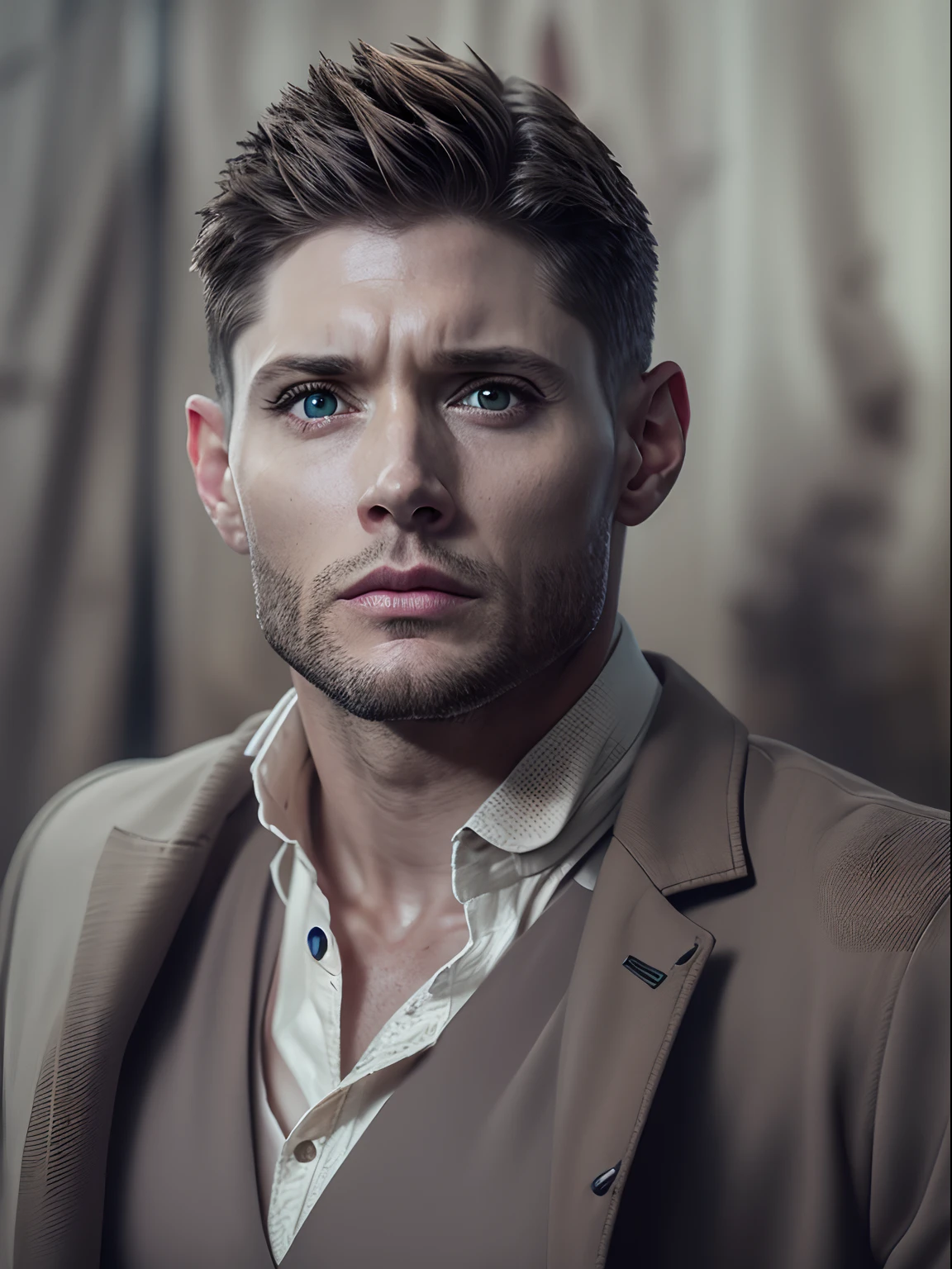 (8k, best quality, master part:1.2), (fotorrealista:1.4), Foto RAW, best quality, extra high resolution, melhor sombra, (corpo inteiro:1.2), (Reitor Winchester), Jensen Ackles,  torso nu, Arredores deslumbrantes em grande escala, horror, horror sombrio, highly detailed face features, Beautiful and flawless face, olhos perfeitos