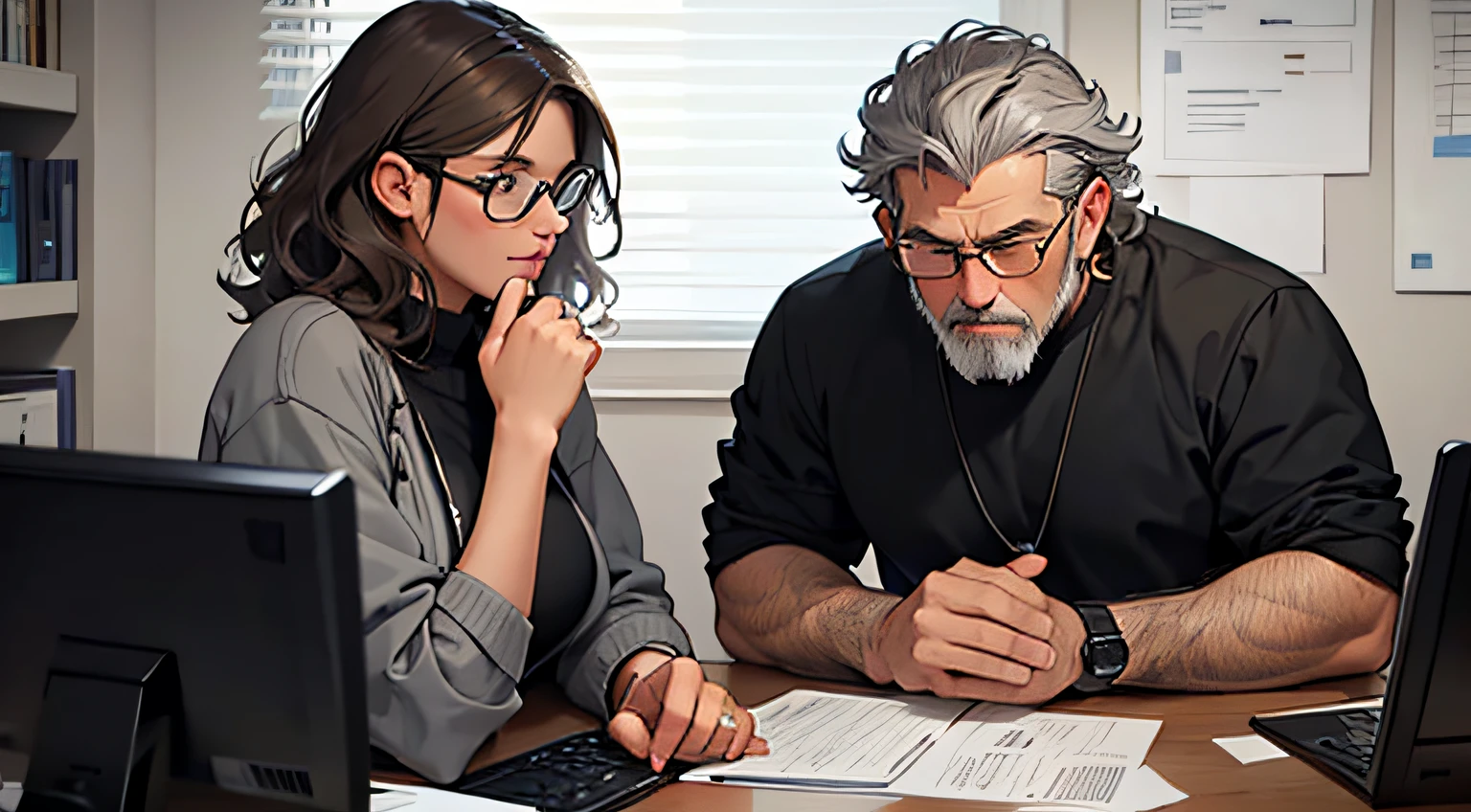 Man with curly, short gray hair and gray beard, inside the office next to a beautiful brunette woman wearing glasses with black, wavy hair