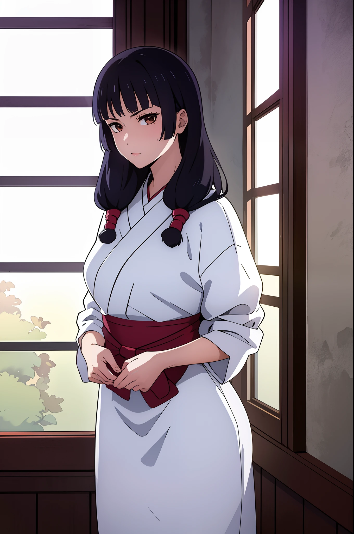 masterpiece, ((ultra detailed background, delicate pattern, intricate detail)), (highly detailed, fine details), best quality, beautiful lighting, ((medium breasts, slim girl)), Utahime, 1girl, solo, black hair, long hair, brown eyes, japanese clothes, twintails, miko, blunt bangs, red hakama, complex detailed background, inside, castle room environment, medieval castle, gray walls, window, bookshelf, (cowboy shot),