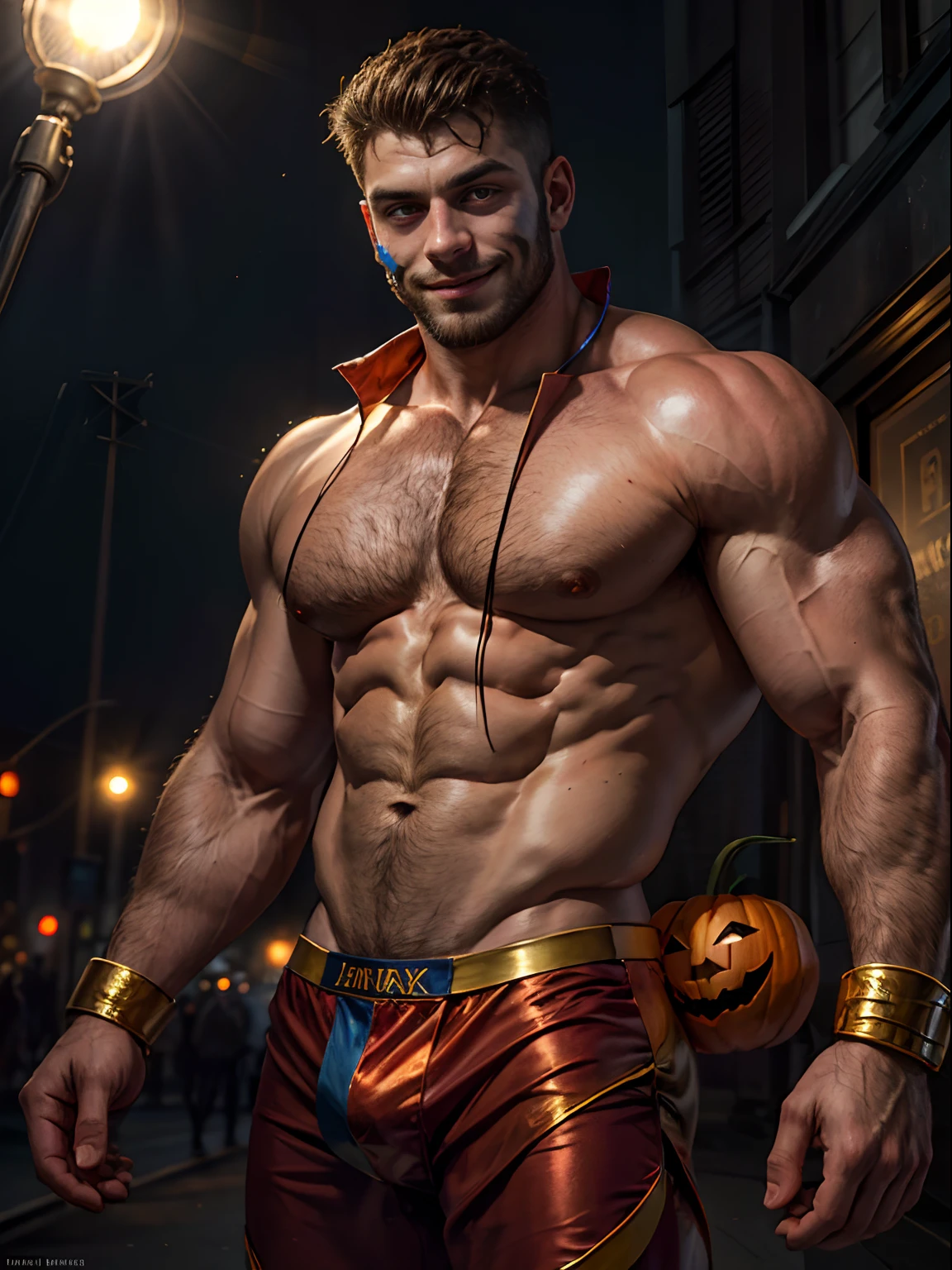 masterpiece, best quality, high resolution, male focus, solo focus, muscular, burly, hairy, male, A handsome man, charming smile, dressed as a halloween clown, beautiful figure painting, bright light, amazing composition, front view, HDR, volumetric lighting, ultra quality, elegant, highly detailed