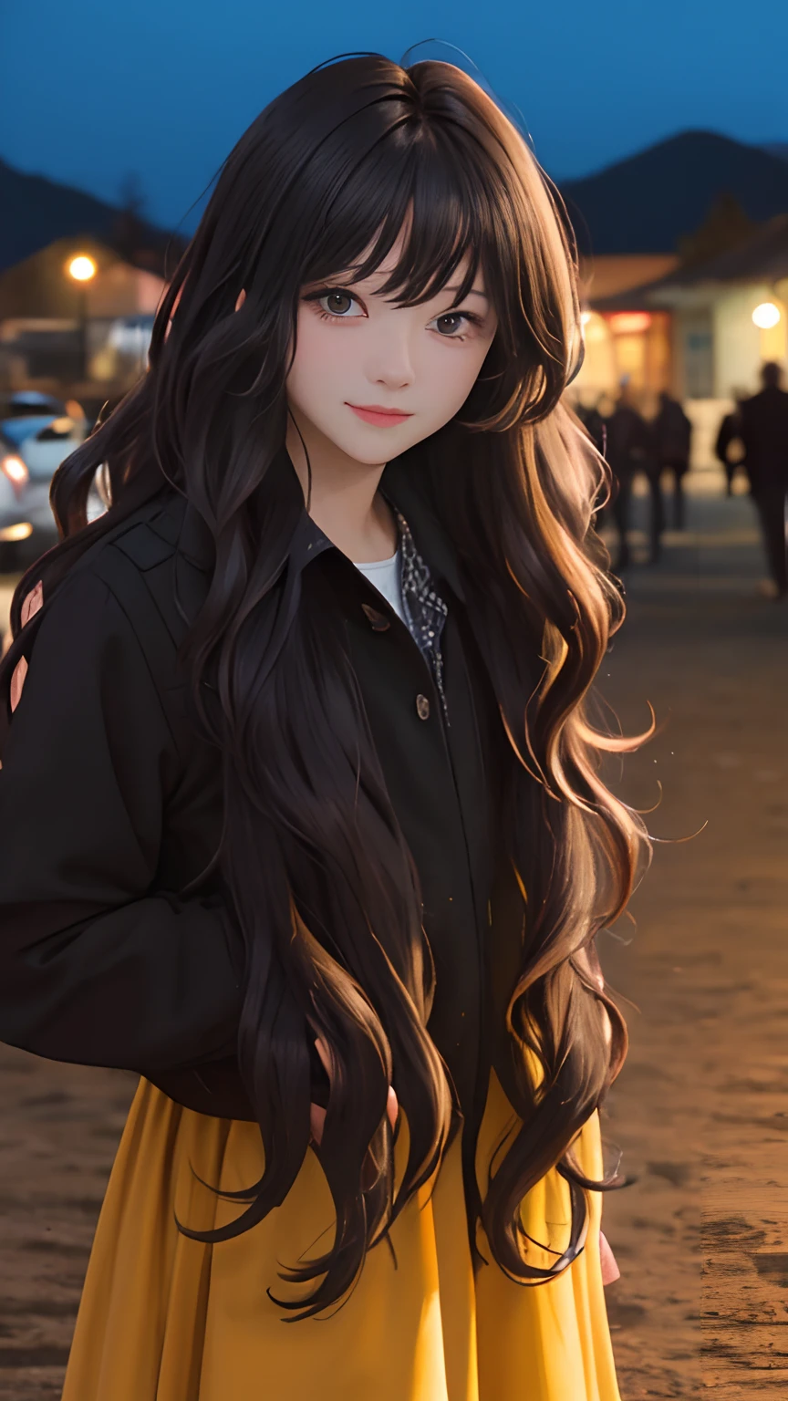 (masterpiece:1.2), (best quality:1.2), night, (looking at viewer), bright skin, cowboy shot,
outdoors, fringe,
long hair, (wavy hair),