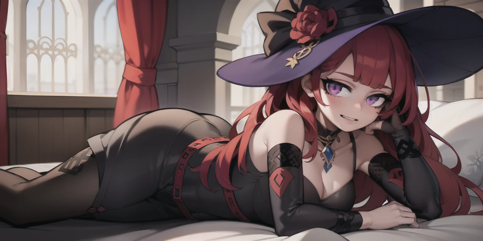 A young girl with red hair and purple eyes, tattoed shoulder, dressed in a dark purple gown, lies on a mattress covered with a sheet in a medieval room. The room is adorned with wallpaper depicting intricate patterns from the medieval era. The girl's face is extremely detailed, with beautiful and detailed eyes, long eyelashes, and lips. Her expression reflects the mysterious nature of a witch. The image is of the highest quality, with a resolution of 4k, making it a true masterpiece.
