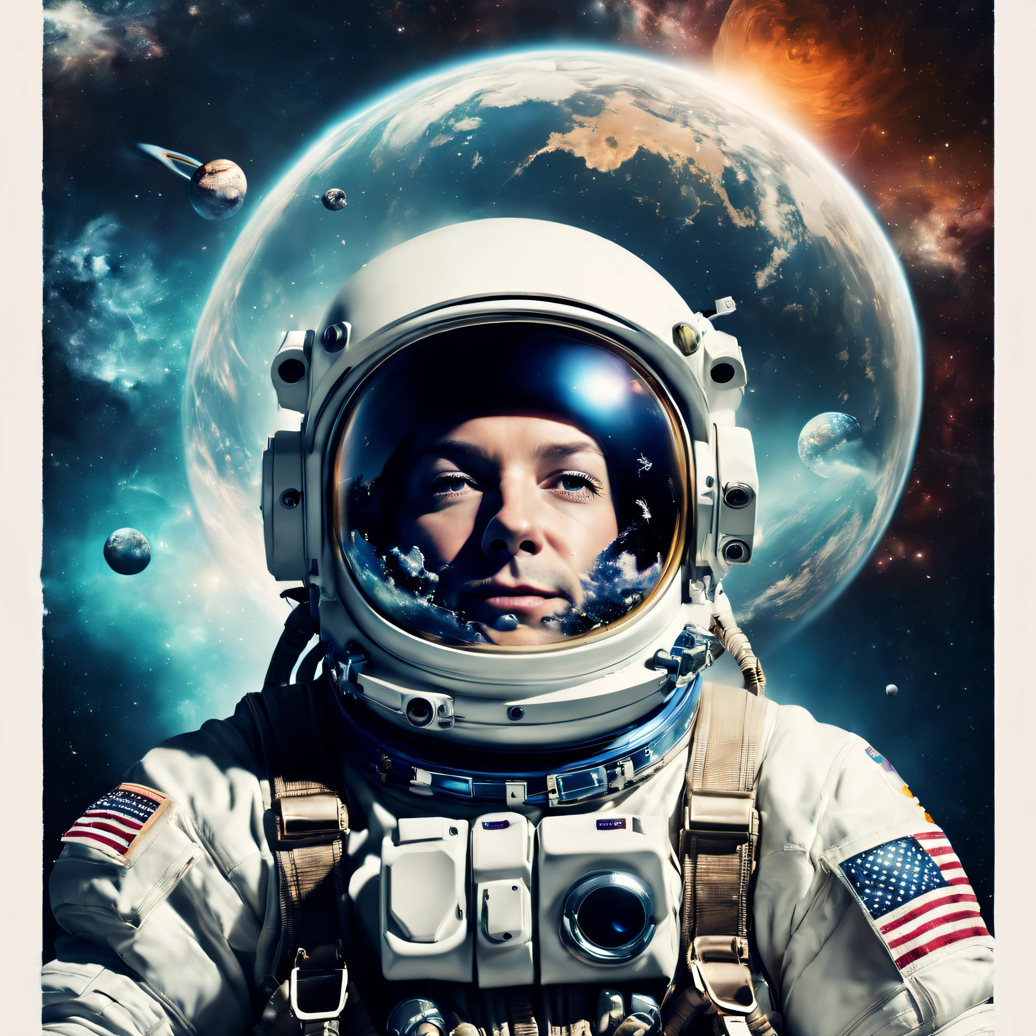 Visualize a scenario in the vast expanse of space. In the foreground, there's a Hispanic female astronaut, completely suited up in a detailed spacesuit, elegantly floating in zero gravity. She's gazing at an alien creature, who's also hovering nearby. The alien is fascinating with multiple appendages, shiny azure skin, large eyes that shimmer in the starlight, and emits a soft bioluminescent glow. The backdrop is filled with millions of stars, the dark void of space, and a giant swirling galaxy. Both beings, despite their differences, seem to communicate in peaceful harmony.