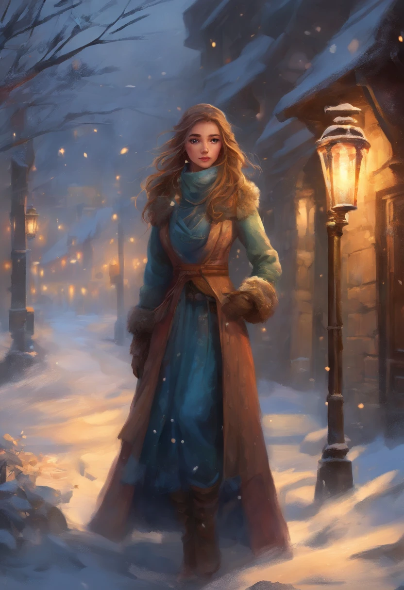 (a girl in a snowy cityscape, wintery atmosphere, cold, dark, snowy streets, snow-covered buildings), portraits, realistic, vivid colors, (best quality, highres, professional), warm lighting, (long, flowing hair, icy blue eyes, pale, delicate face), (ragged, tattered clothes, barefoot, worn-out shoes), (holding a bundle of matches, lighting a match with a determined look, surrounded by gentle snowflakes), (sitting against a wall, huddled up, shivering), (expression of hope and longing on her face), (charming, magical glow emanating from the match), (dream-like, fairytale setting, fantastical buildings), (soft, diffused light from street lamps casting long shadows), (silent, still atmosphere, with the snow falling softly), (desolate, abandoned feeling, with no one else in sight), (deep sense of solitude and vulnerability), (evoking empathy and compassion), (symbol of resilience and the human spirit in the face of adversity), (message of hope and the power of imagination).