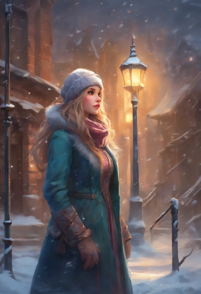 (a girl in a snowy cityscape, wintery atmosphere, cold, dark, snowy streets, snow-covered buildings), portraits, realistic, vivid colors, (best quality, highres, professional), warm lighting, (long, flowing hair, icy blue eyes, pale, delicate face), (ragged, tattered clothes, barefoot, worn-out shoes), (holding a bundle of matches, lighting a match with a determined look, surrounded by gentle snowflakes), (sitting against a wall, huddled up, shivering), (expression of hope and longing on her face), (charming, magical glow emanating from the match), (dream-like, fairytale setting, fantastical buildings), (soft, diffused light from street lamps casting long shadows), (silent, still atmosphere, with the snow falling softly), (desolate, abandoned feeling, with no one else in sight), (deep sense of solitude and vulnerability), (evoking empathy and compassion), (symbol of resilience and the human spirit in the face of adversity), (message of hope and the power of imagination).
