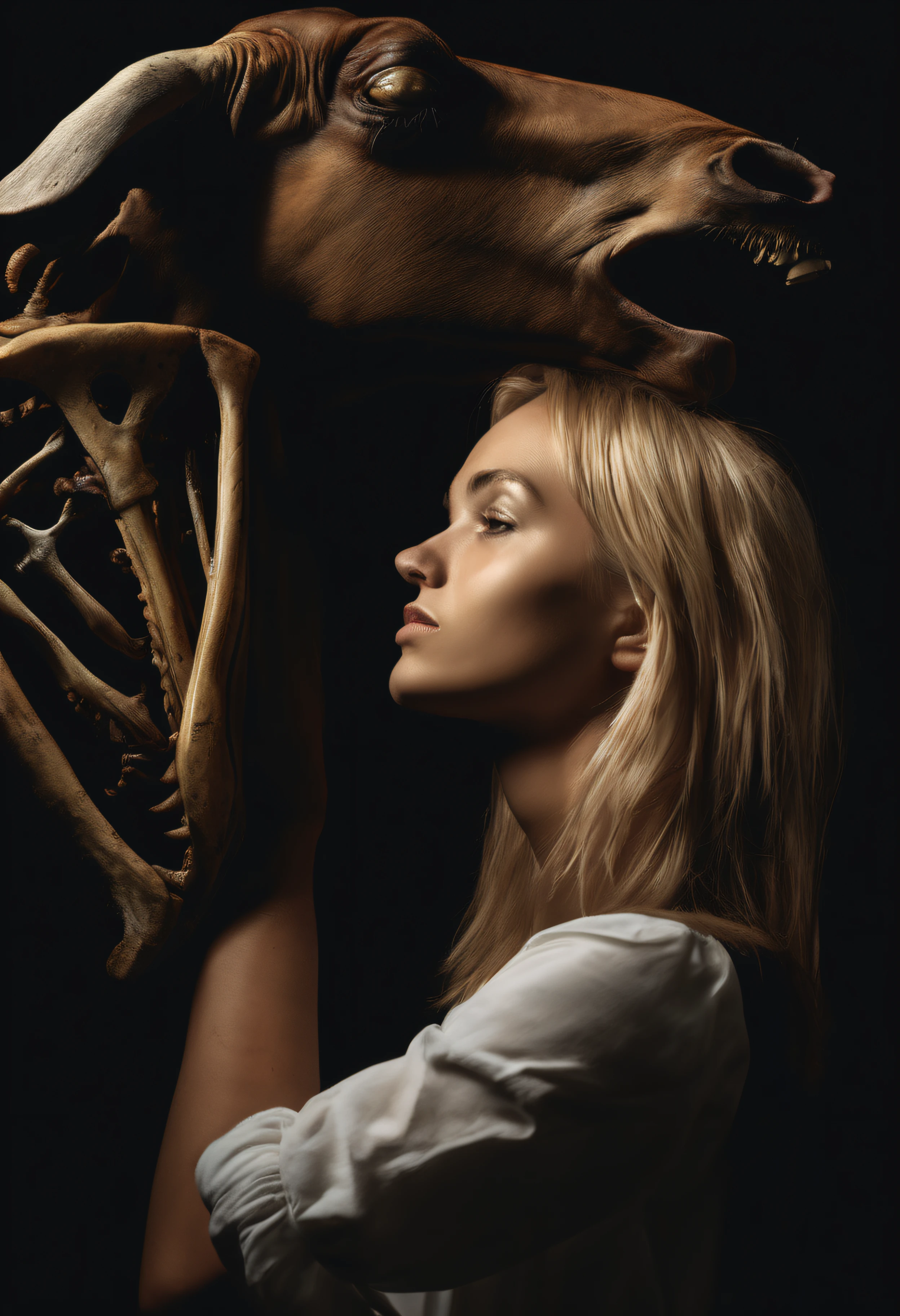 "(The best lighting, alto contraste, oscuro, dramatic),(Chica rubia junto a una cabra negra gigante, Open the rib cage, feto, autopsia, huesos humanos, sangre por las paredes). Luz Caravaggio"