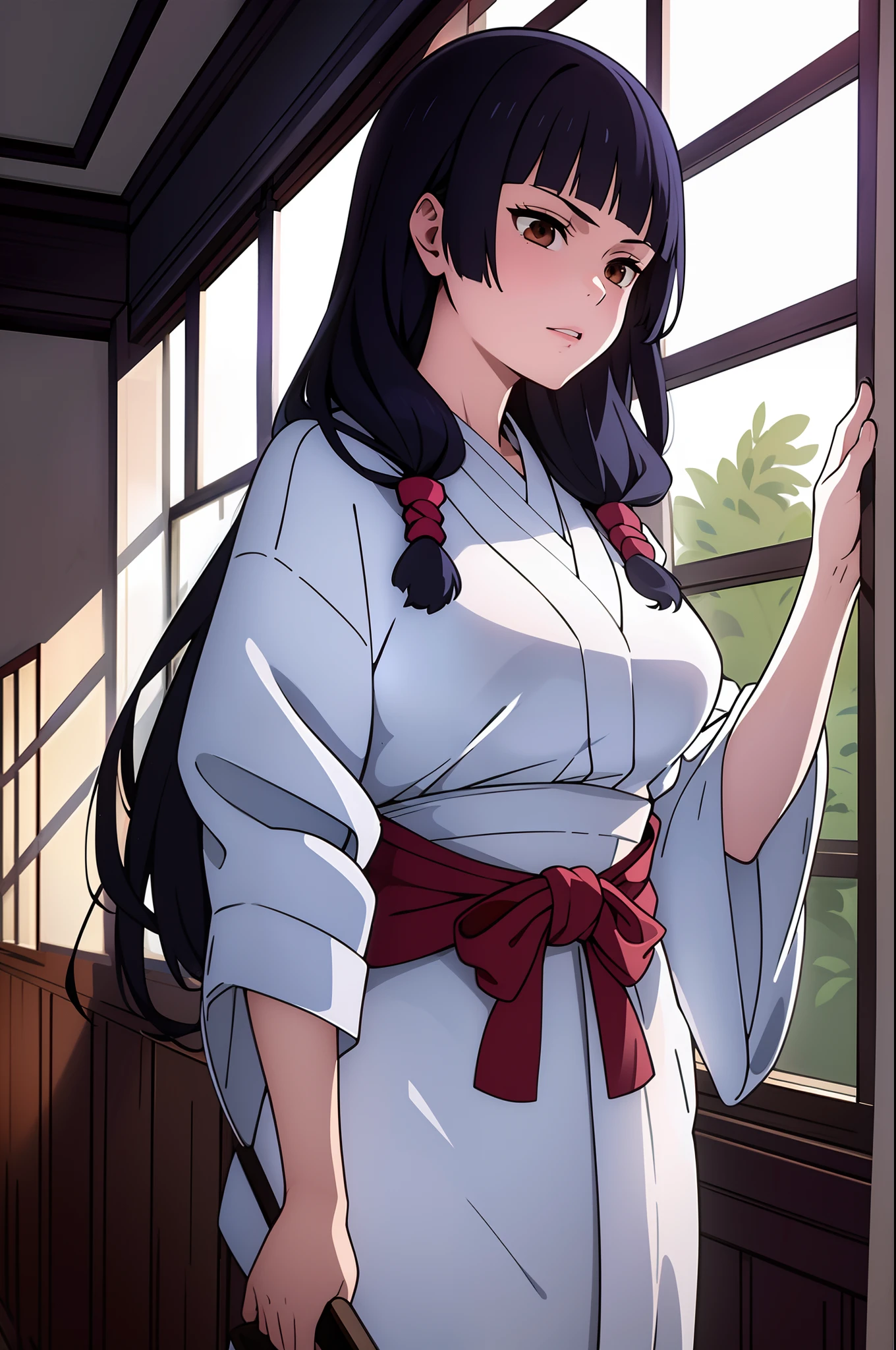 masterpiece, ((ultra detailed background, delicate pattern, intricate detail)), (highly detailed, fine details), best quality, beautiful lighting, ((medium breasts, slim girl)), Utahime, 1girl, solo, black hair, long hair, brown eyes, japanese clothes, twintails, miko, blunt bangs, red hakama, complex detailed background, inside, castle room environment, medieval castle, gray walls, window, bookshelf, (cowboy shot),