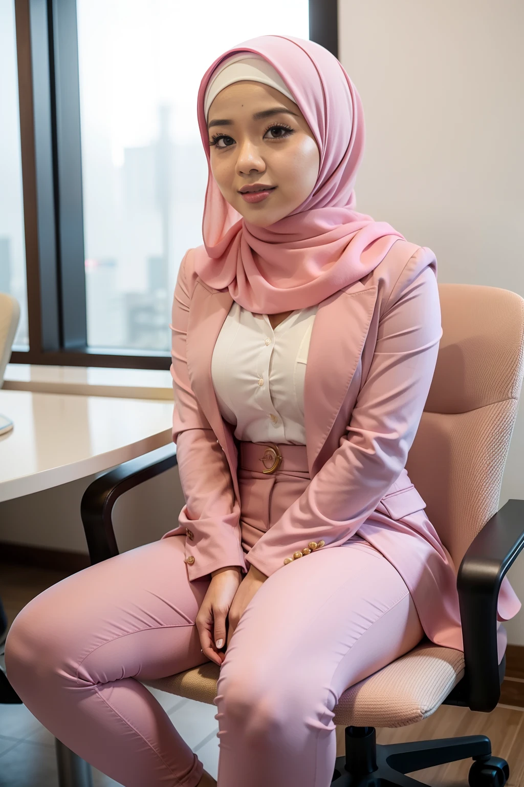 mira filzah seating in meeting room, sexy seducing pose, meeting room, morning, (mira filzah:1.3), wearing hijab, pastel color hijab, pink pastel office outfit, pink suits, small tits, small breast, flat chest, wide waist, thick thighs, bright lighting,