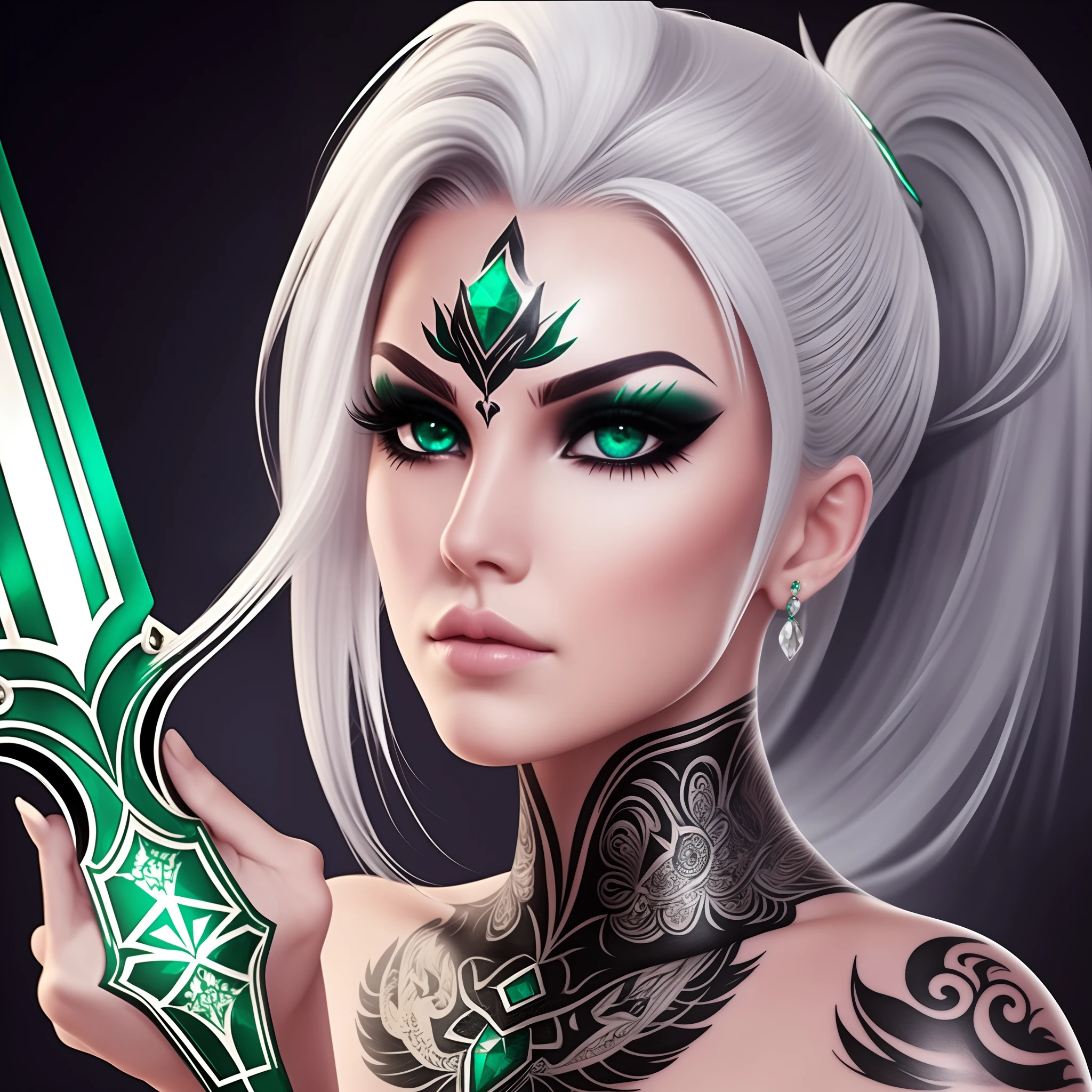 silver hair emerald eye warrior high warlock female tattoo high cheekbone strong expression angelic quality --auto --s2
