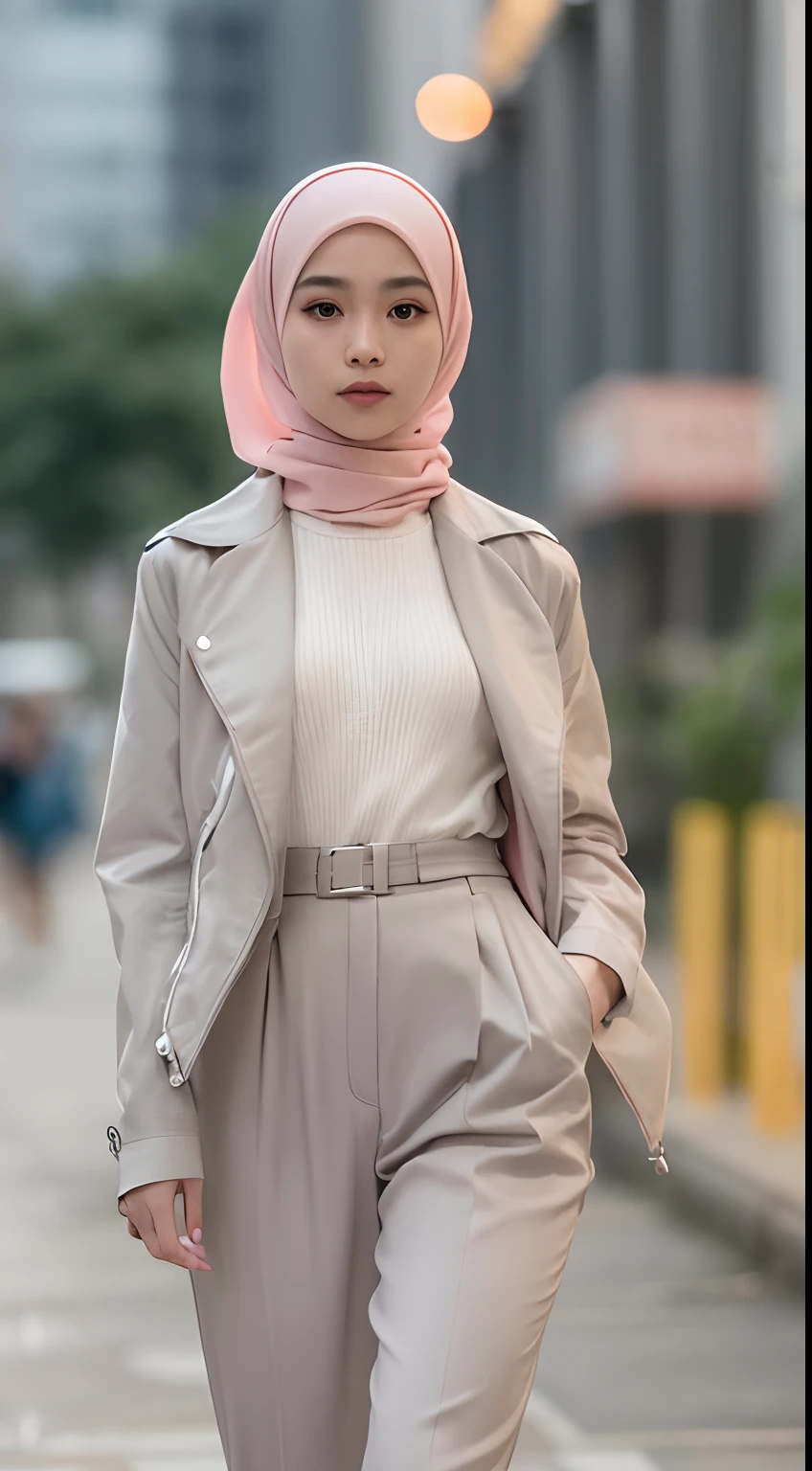 2 Malay girl in hijab and wear Half Button Rib Knit Tee with pastel color jacket and High Waist Plicated Detail Suit Pants, walking in city street, catwalk, confident walk, windy, elegance, front view, detail skin, detail skin texture, beautiful malay face, pastel color outfit, small breast, wide hip, wide waist, thick thighs, slim abs, beautiful body, evening, sunset, sun light enhance dramatic mood, arrogant smile, professional cinematic lighting, blur background, bokeh, realistic, ultra detail, high quality,