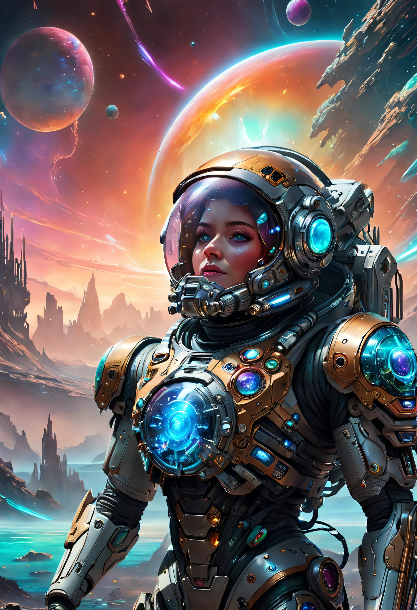 arafed image of a woman in a futuristic suit with a spaceship in the background, movie art, in front of an orange background, inspired by Robert McGinnis, female protagonist, megastructure in the background, portrait of an ai astronaut, astronauts, an astronaut, portrait of a astronaut skeletor, perfect android girl, detailed eyes, frank franzzeta and sakimichan