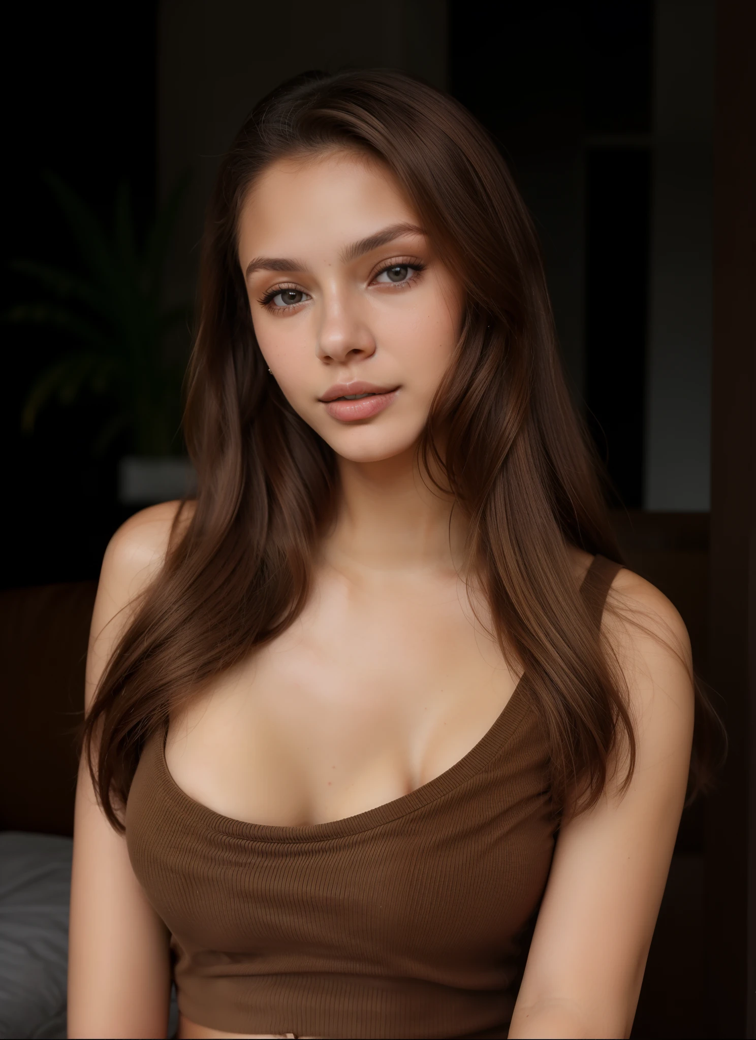 A closeup of a woman in a basic brown top posing for a photo, Retrato Sophie Mudd, cabelos castanhos e um corpo perfeito, mulher jovem bonito, good young girl, lindo modelo jovem, mulher jovem muito bonita, Uma bela jovem mulher, menina jovem bonita, menina atraente, 18 anos, Anna Nikonova aka Newmilky, 2 Modelo feminina de 4 anos