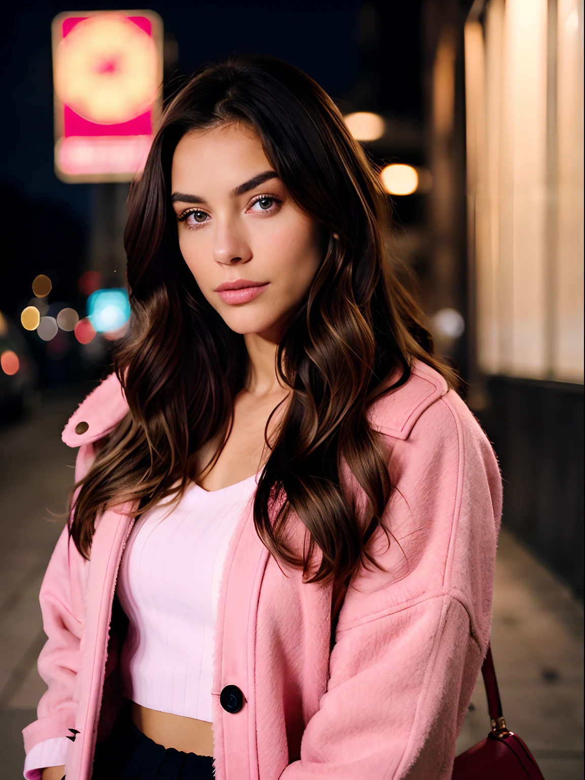 Beautiful brunette with blonde highlights wearing a pink coat,outdoors(night), skin texture, film grain, realistic eyes, red bag, best quality