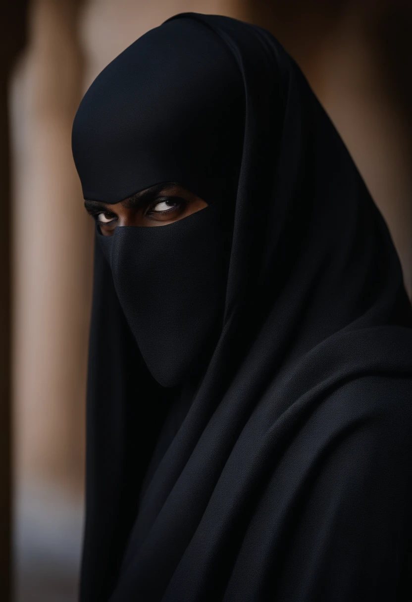 man . Black abaya. A featureless black mask covering the face. Big white eyes.