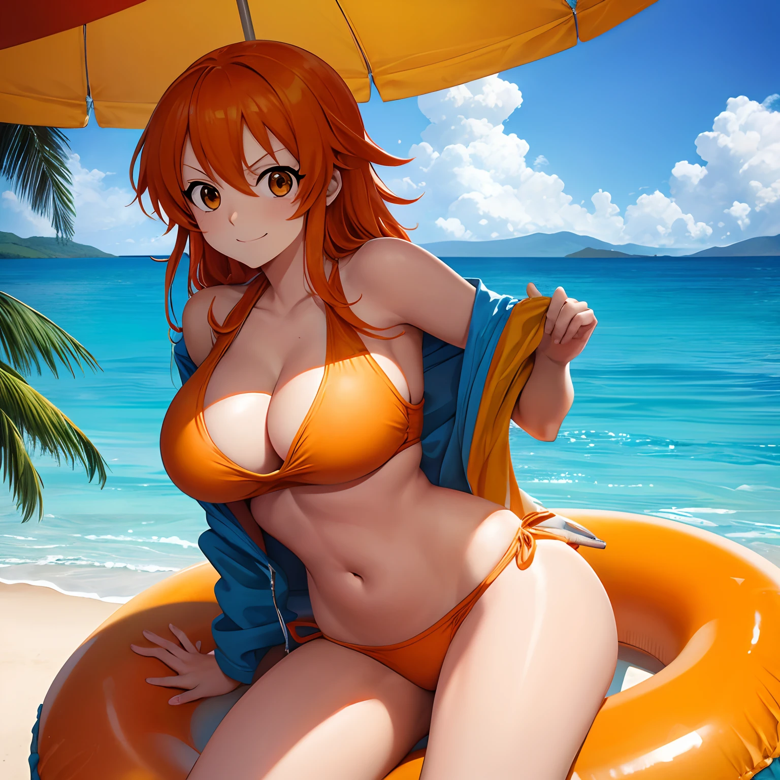 nami from one piece, 1girl, anime, long orange hair, orange eyes, orange!! two-piece bikini, curvy, supermodel, beach, inflatable pool tube, beach ball, front view, crowd of people in the background