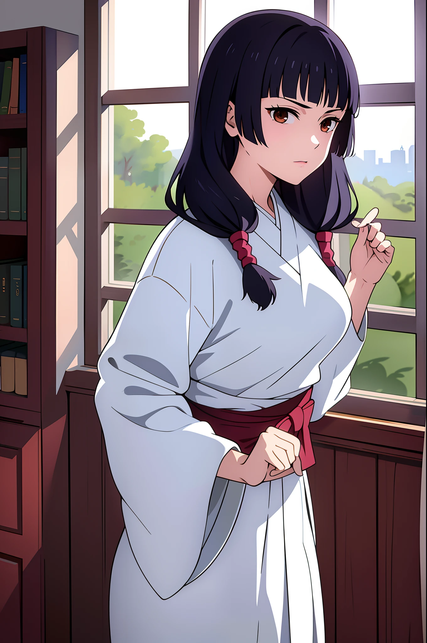 masterpiece, ((ultra detailed background, delicate pattern, intricate detail)), (highly detailed, fine details), best quality, beautiful lighting, ((medium breasts, slim girl)), Utahime, 1girl, solo, black hair, long hair, brown eyes, japanese clothes, twintails, miko, blunt bangs, red hakama, complex detailed background, inside, castle room environment, medieval castle, gray walls, window, bookshelf, (cowboy shot),