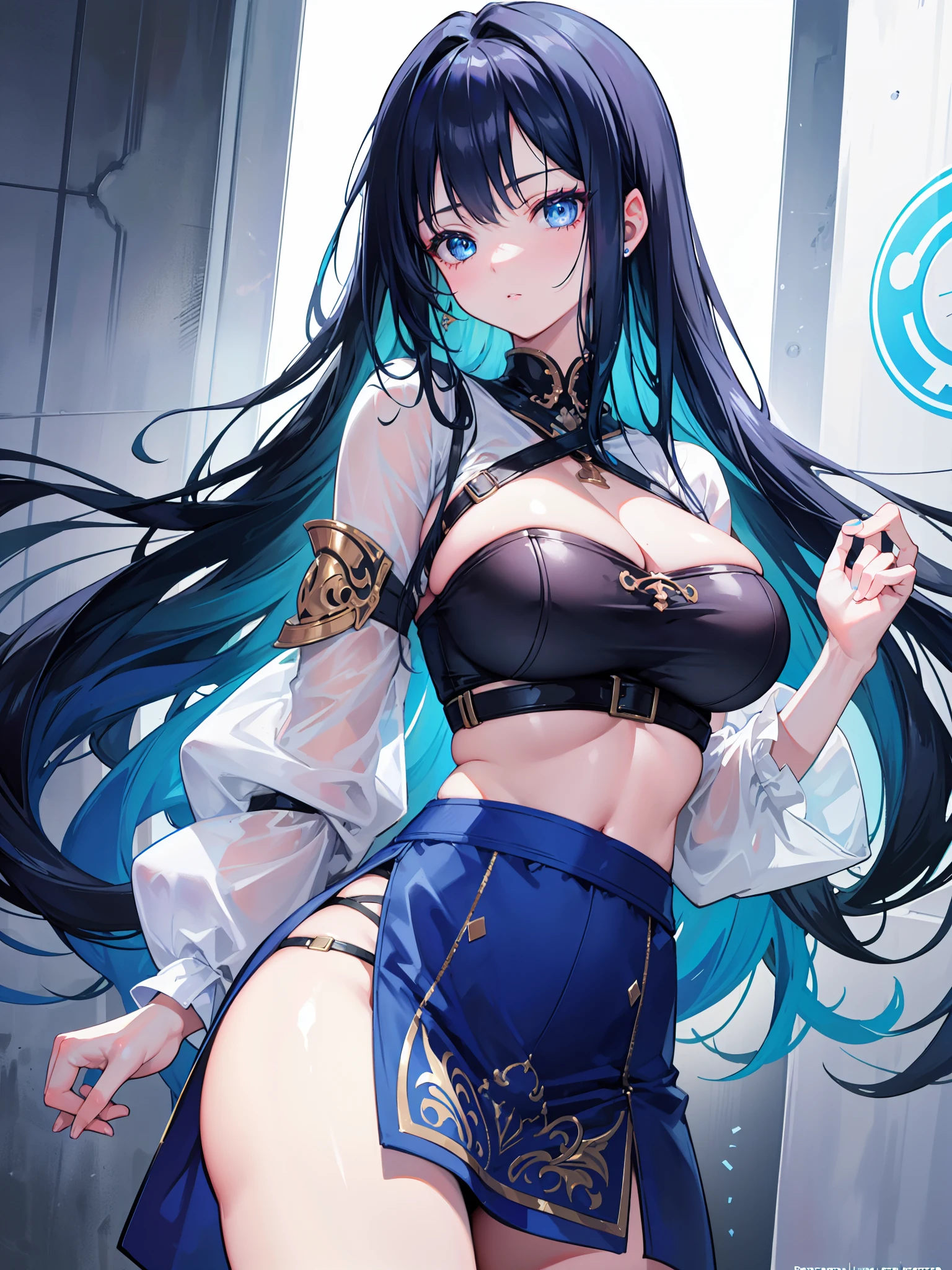 Best Quality, Masterpiece: 1.2, Ultra Detail, (Highest Detail Face: 1.2), 1girl, Long hair, Black hair, inner blue hair, blue eyes, big breasts, thick tighs