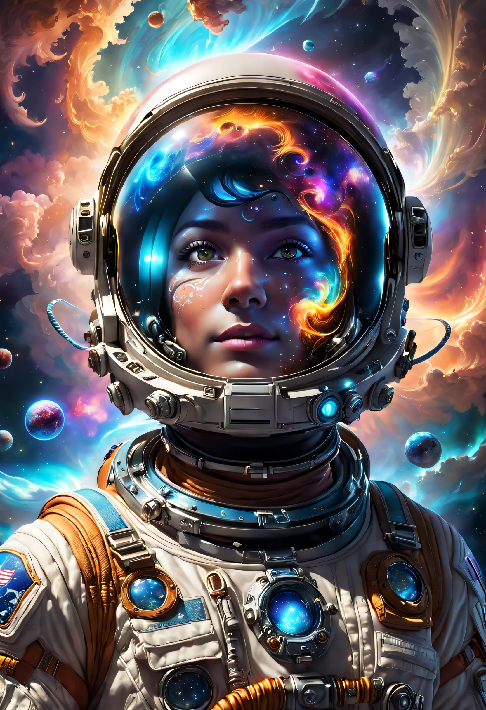 Incredible and spectacular scene，An astronaut，"((high qulity)), ((A detailed)), ((fantasy)), illustration, ssee-through(45 degree depression angle), (Astronaut helmet）, (3D rendering effect) ，exquisite detailing，beautiful light up，Emerge from glowing clouds，Fractal nebula line，cosmic entity，Um ser celestial，kosmos，vibrant and vivid，swirles，twirl，nonrealistic，hight contrast，Co-metabolism，magical，mistic，mistic，hyper realisitc，Oversaturation，rich colourful