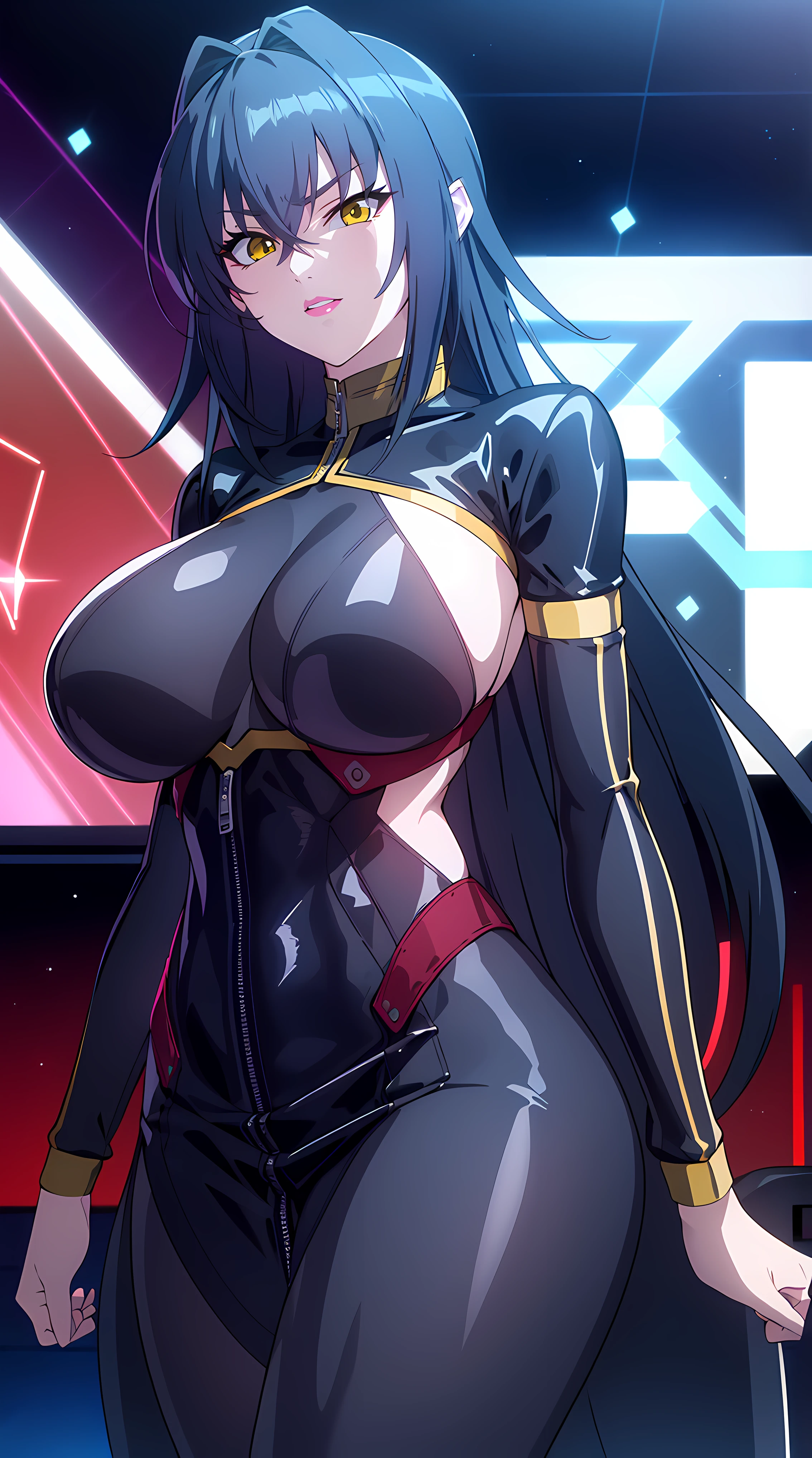 professional artwork, Intricate Details, field of view, sharp focus, detailed painting, photorealistic lighting, trending on pixiv, (masterpiece:1.0),(best_quality:1.0), ultra high res,4K,ultra-detailed, photography, 8K, HDR, highres, absurdres:1.2, Kodak portra 400, film grain, blurry background, bokeh:1.2, lens flare, (vibrant_color:1.2),
(Annerose:1), 1girl, female mature, black hair, long hair, yellow eyes, large breasts, bodysuit, higheels, shiny clothes, skin tight, hair intakes, covered breasts,
simple background, (solo:1.5),