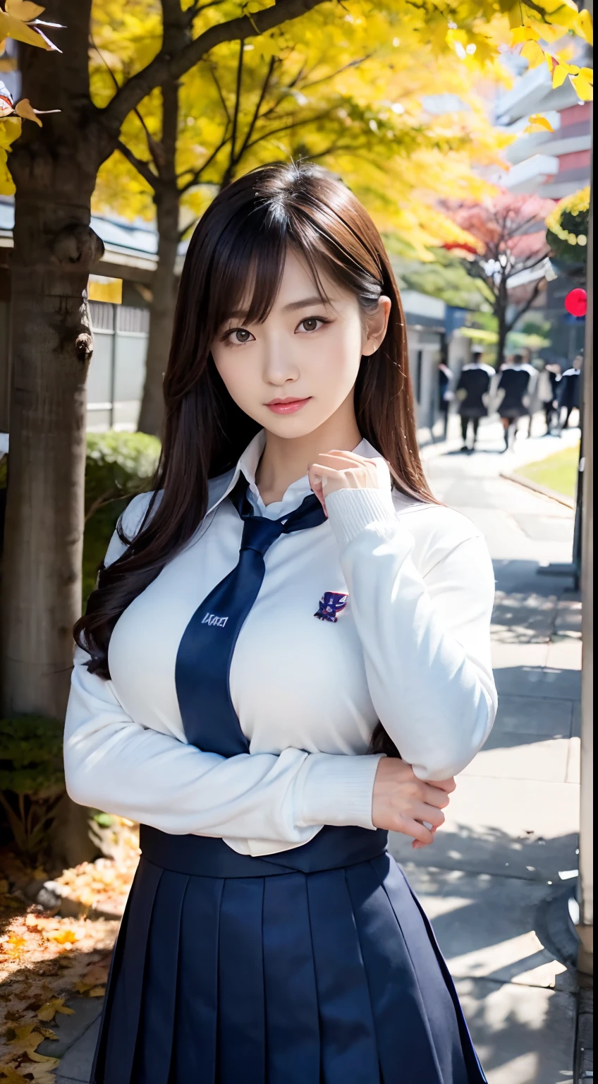 mix4, (16 K, Raw photography, Top image quality, masterpiece: 1.45), (realisitic, Photorealsitic: 1.37), one girls, Random hairstyle、Standing figure,Glossy bean peel、Morning time slot、a very cute,a park,Trees with autumn leaves, profetional lighting, photon maping、physically-based renderingt, Gradient dark brown hair,, a handsome, Well-groomed and beautiful eyes、Large double eyelids、Very shiny、girl with, (((校服、Winter clothes、Uniforms worn by Japan female students、White shirt、Navy blue tie、White cardigan、Dark blue color、Black mini skirt、high socks、lowfers))), Top Quality Photos, hight resolution, 1080p, (clearface), (Detailed face description), (Detailed hand description), (masterpiece), (Exquisite CG)、extreme light and shadows、dishevled hair、master work、abundant detail、(Fine facial features)、(top quality photo)、(masuter piece)、(A detailed eye)、Looking at the camera、Fine clavicle、((Slender big))、(((Japan schoolgirl in uniform)))、((Ready Idol System))、((a park、Slide、The fountain、seesaw))、(((neat and cute)))、耳Nipple Ring、A big smile、Drawing the whole body from the knees、Do not draw nasolabial folds、(((Cute uniform)))、(Big breasts that hang down big:1.4)、Big buttocks with tension、Two arms and two legs、(((from the front side:0.2)))、bare hand、No mask、Ginkgo in autumn leaves