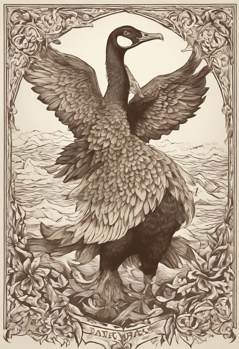 A seven-headed goose, In the mythical medieval era, It is a striking and fearsome sight. Each of its seven heads is majestically feathered, em tons de branco, prata, e ouro, reflecting the wisdom and majesty of this mythical creature. Suas asas, que se estendem incrivelmente largos, They appear to be made of dragon scales and phoenix feathers, cintilante sob a luz do sol. Com seus olhos brilhantes e penetrantes, The seven-headed mother goose maintains an imposing posture as it defends its nest. She stands her ground, pernas escamosas, Guarding Your Precious Territory. Its beak is as sharp as a Valyrian steel sword, pronta para proteger sua prole. Os invasores, revestido em armadura medieval, rapidamente se veem enfrentando a ira do ganso. Ela solta um grito ensurdecedor, ecoando pelos campos e montanhas, instill panic among the invaders. Suas asas batem ferozmente, criando uma tempestade de vento, and advances with its seven heads towards the intruders. The seven-headed goose is a legendary figure, A fierce guardian of its nest, Willing to do whatever it takes to protect her young in the mythical medieval era.
