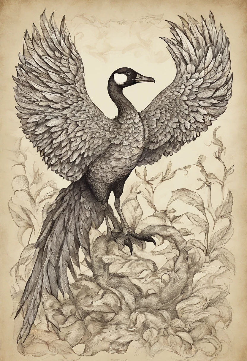 A seven-headed goose, In the mythical medieval era, It is a striking and fearsome sight. Each of its seven heads is majestically feathered, em tons de branco, prata, e ouro, reflecting the wisdom and majesty of this mythical creature. Suas asas, que se estendem incrivelmente largos, They appear to be made of dragon scales and phoenix feathers, cintilante sob a luz do sol. Com seus olhos brilhantes e penetrantes, The seven-headed mother goose maintains an imposing posture as it defends its nest. She stands her ground, pernas escamosas, Guarding Your Precious Territory. Its beak is as sharp as a Valyrian steel sword, pronta para proteger sua prole. Os invasores, revestido em armadura medieval, rapidamente se veem enfrentando a ira do ganso. Ela solta um grito ensurdecedor, ecoando pelos campos e montanhas, instill panic among the invaders. Suas asas batem ferozmente, criando uma tempestade de vento, and advances with its seven heads towards the intruders. The seven-headed goose is a legendary figure, A fierce guardian of its nest, Willing to do whatever it takes to protect her young in the mythical medieval era.