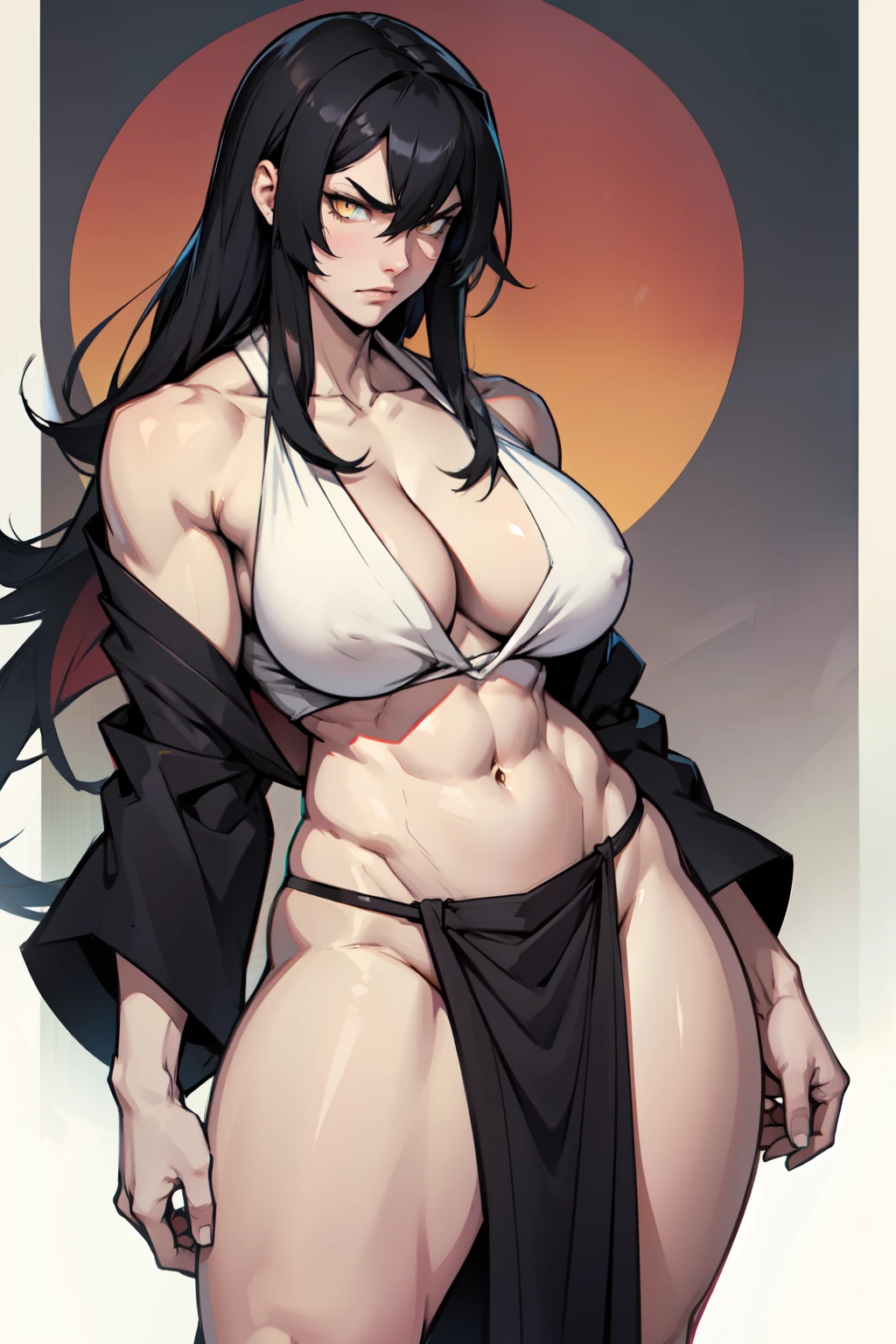 1girl black hair yellow eyes very long hair pale skin angry bodybuilder huge breasts muscular toned body curvy wide hips thick thighs (kimono)