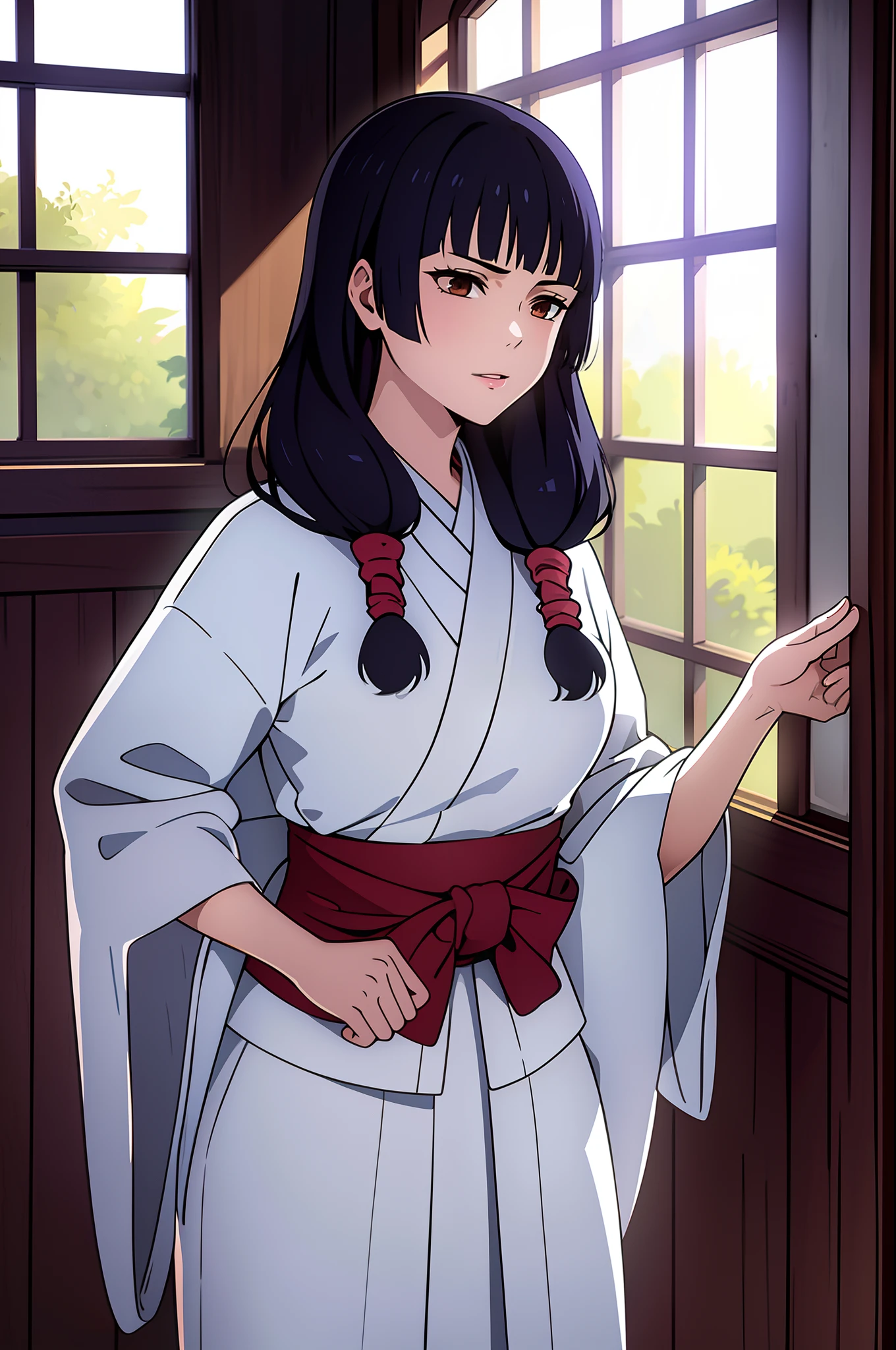 masterpiece, ((ultra detailed background, delicate pattern, intricate detail)), (highly detailed, fine details), best quality, beautiful lighting, ((medium breasts, slim girl)), Utahime, 1girl, solo, black hair, long hair, brown eyes, japanese clothes, twintails, miko, blunt bangs, red hakama, complex detailed background, inside, castle room environment, medieval castle, gray walls, window, bookshelf, (cowboy shot),