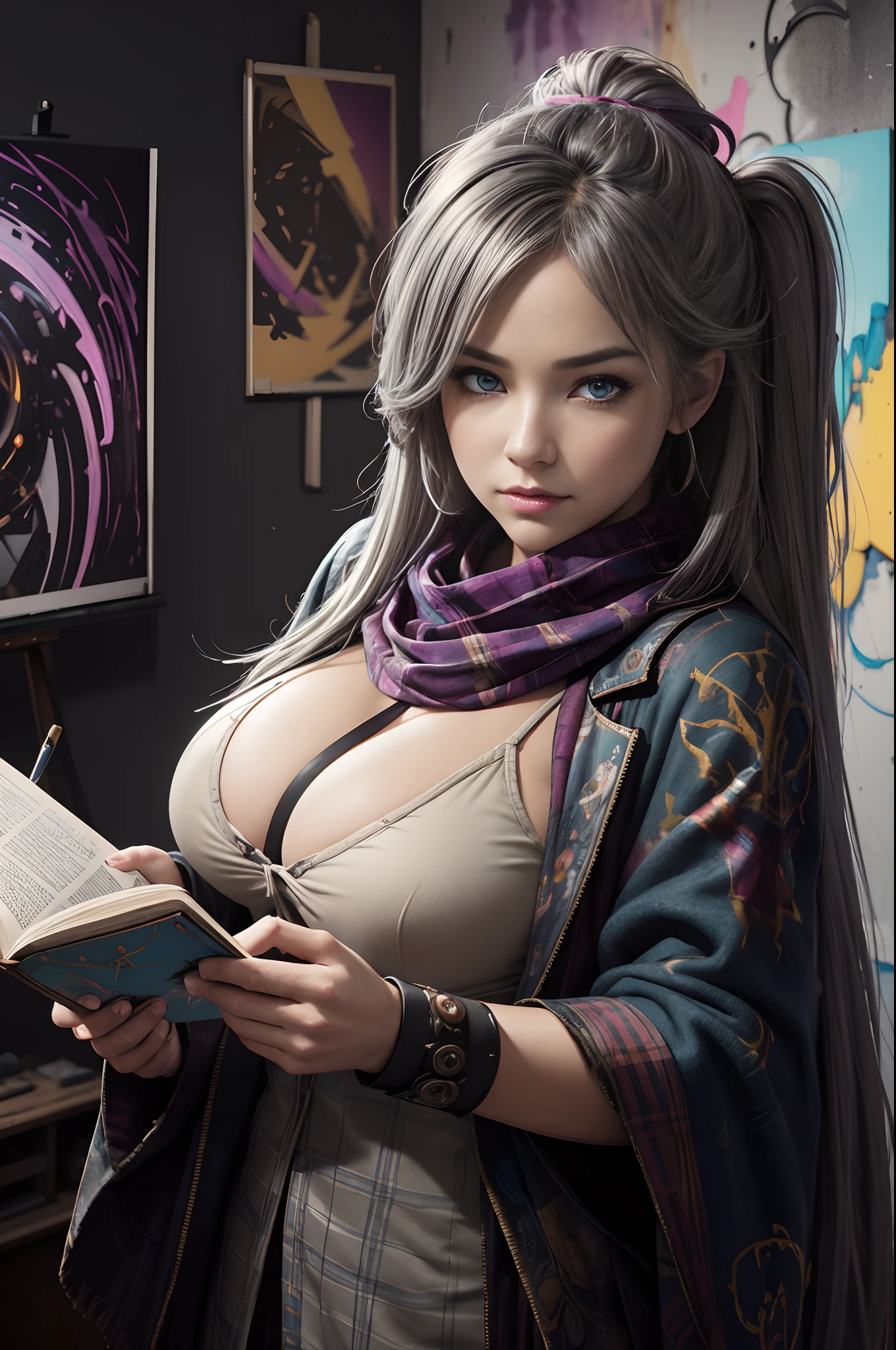 (dark shot:1.1)、The Magnificent Real、Hello Portrait、Lunette des Soleil、blue eyess、Tartan Scarf、Gray hair of Ateigairan、by Greg Rutkowsky、greg tocchini、by james gilleard、joe fenton、Käthe Butcher、gradient yellow、brack、brown、Magenta color scheme、grunge aesthetic!!Graffiti tag wall background、Art by Greg Rutkowski and ArtGerm、Soft Cinematic Lights、Adobe Lightroom、Photolab、HDR、Complex and ultra-detailed、(depth of fields:1.4)、fade、(neutral colors:1.2)、(HDR:1.4)、(Subdued Color:1.2)、Hyper-detailing、(art  stations:1.4)、Film-like、warm light、dramatic light、(intricate detailes:1.1)、the complex background、(Rutkowski:0.66)、(teal and orange:0.4)Red-haired sage,Mature woman with big breasts,Having a book,enticing,A sexy,