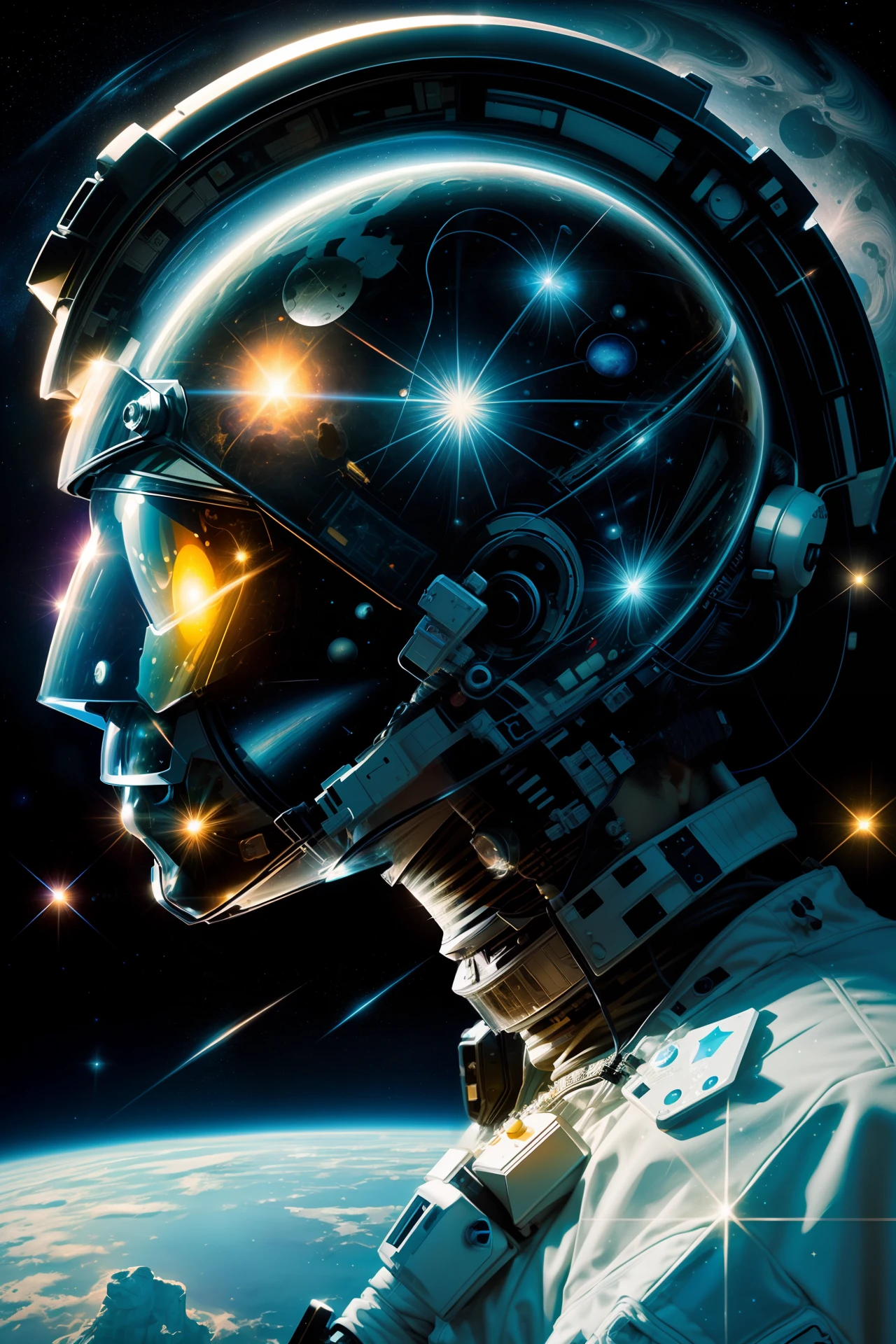 Astronaut with moon and starry sky on helmet, The face melts in the universe, psychedelic surreal art, portrait of astronaut, Psychedelic astronauts, great digital art with details, beautiful digital art, beautiful digital art, hyperrealistic aesthetic, digital art image, Space-time astronauts, cosmic and colorful, fantasy digital art, Dream helmet, Beautiful digital art beautiful